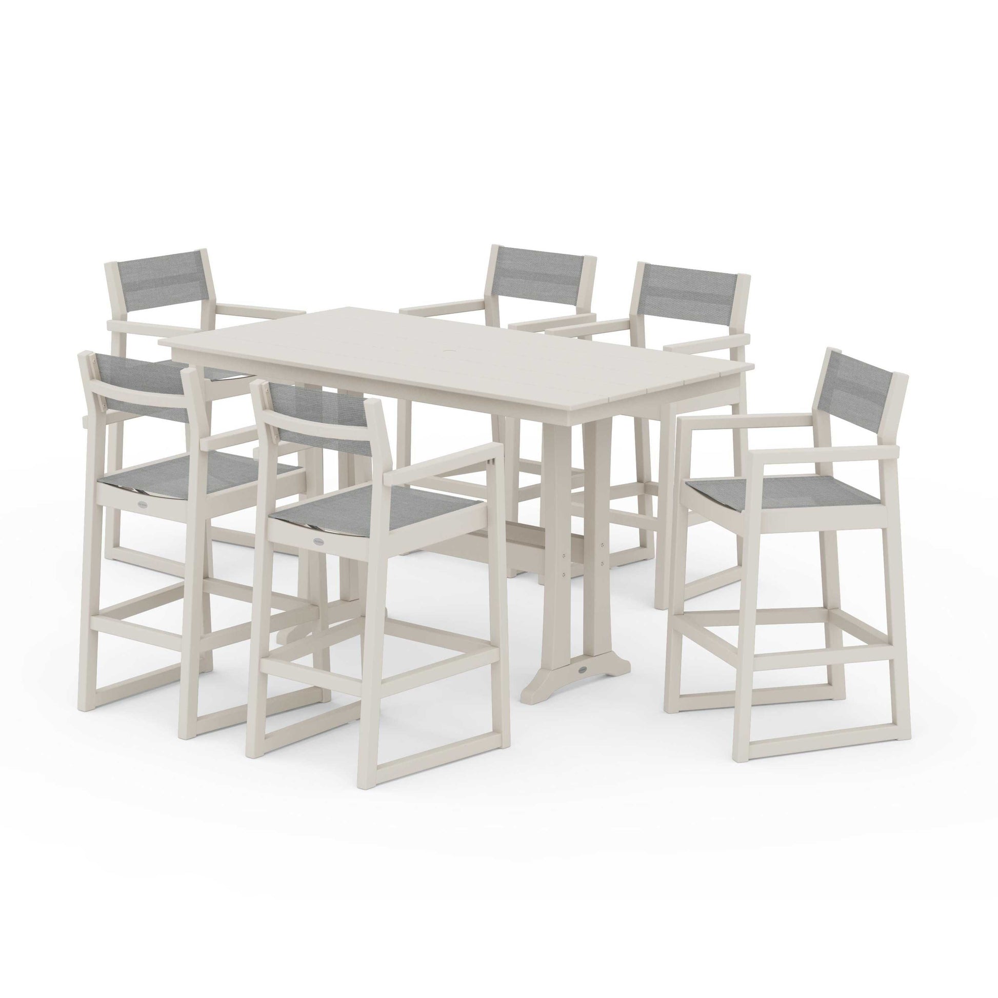 POLYWOOD EDGE Sling Arm Chair 7-Piece Farmhouse Bar Set with Trestle Legs — Sand / Metallic Sling