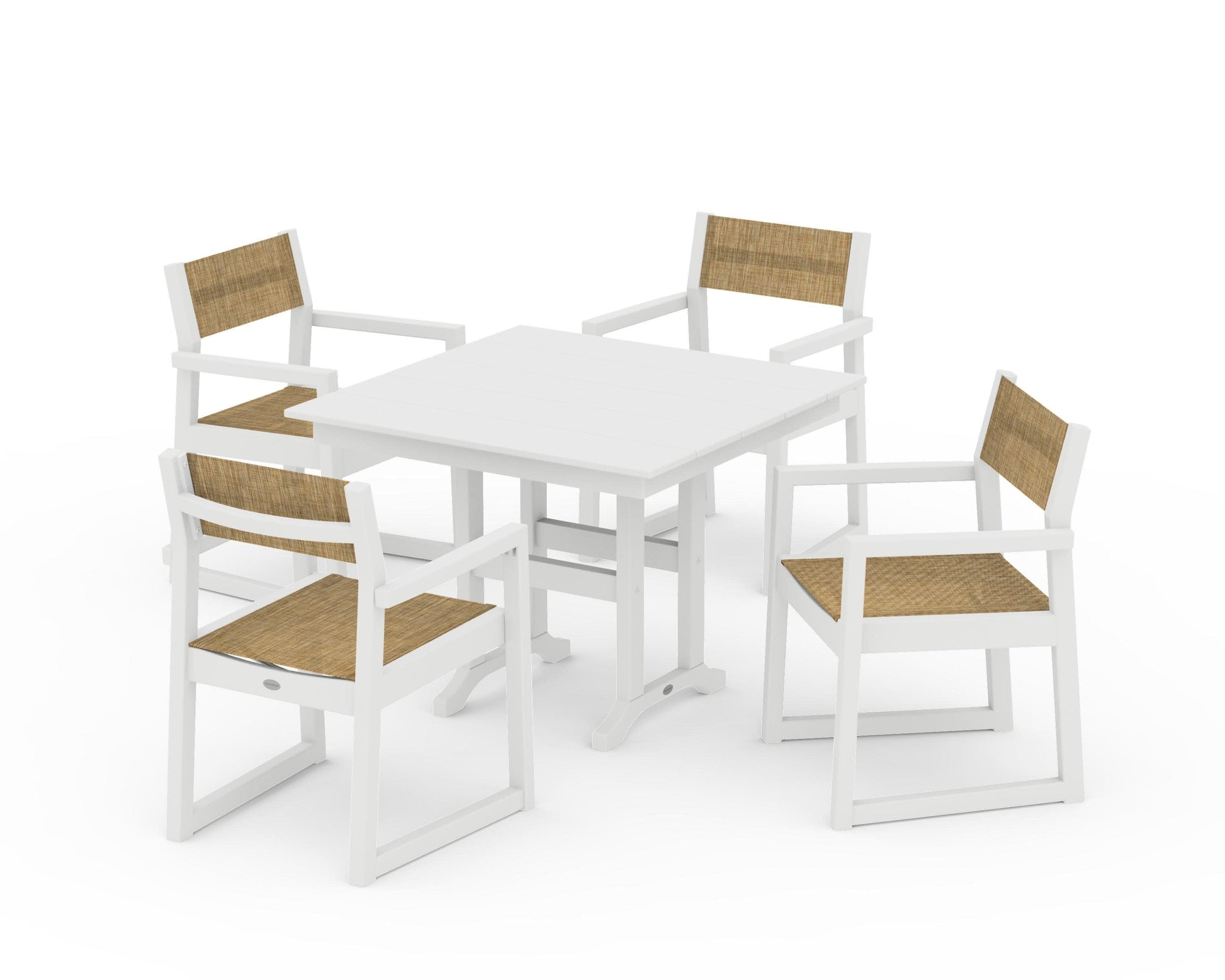 POLYWOOD EDGE Sling Arm Chair 5-Piece Farmhouse Dining Set — White / Burlap Sling