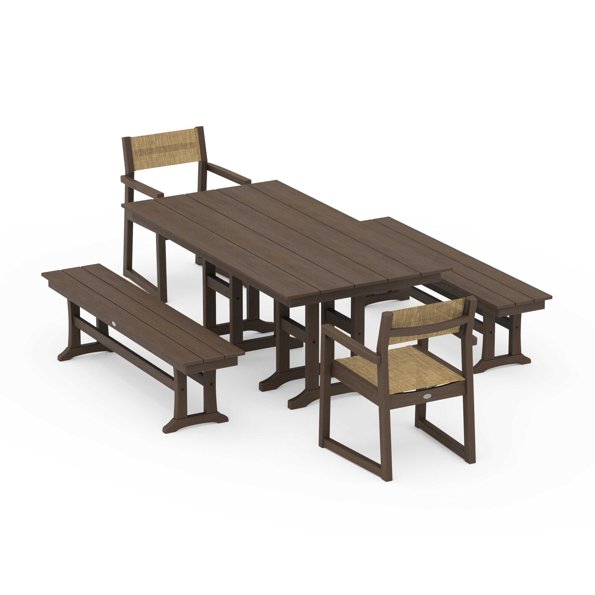 POLYWOOD EDGE Sling Arm Chair 5-Piece Farmhouse Dining Set with Benches — Kona / Burlap Sling
