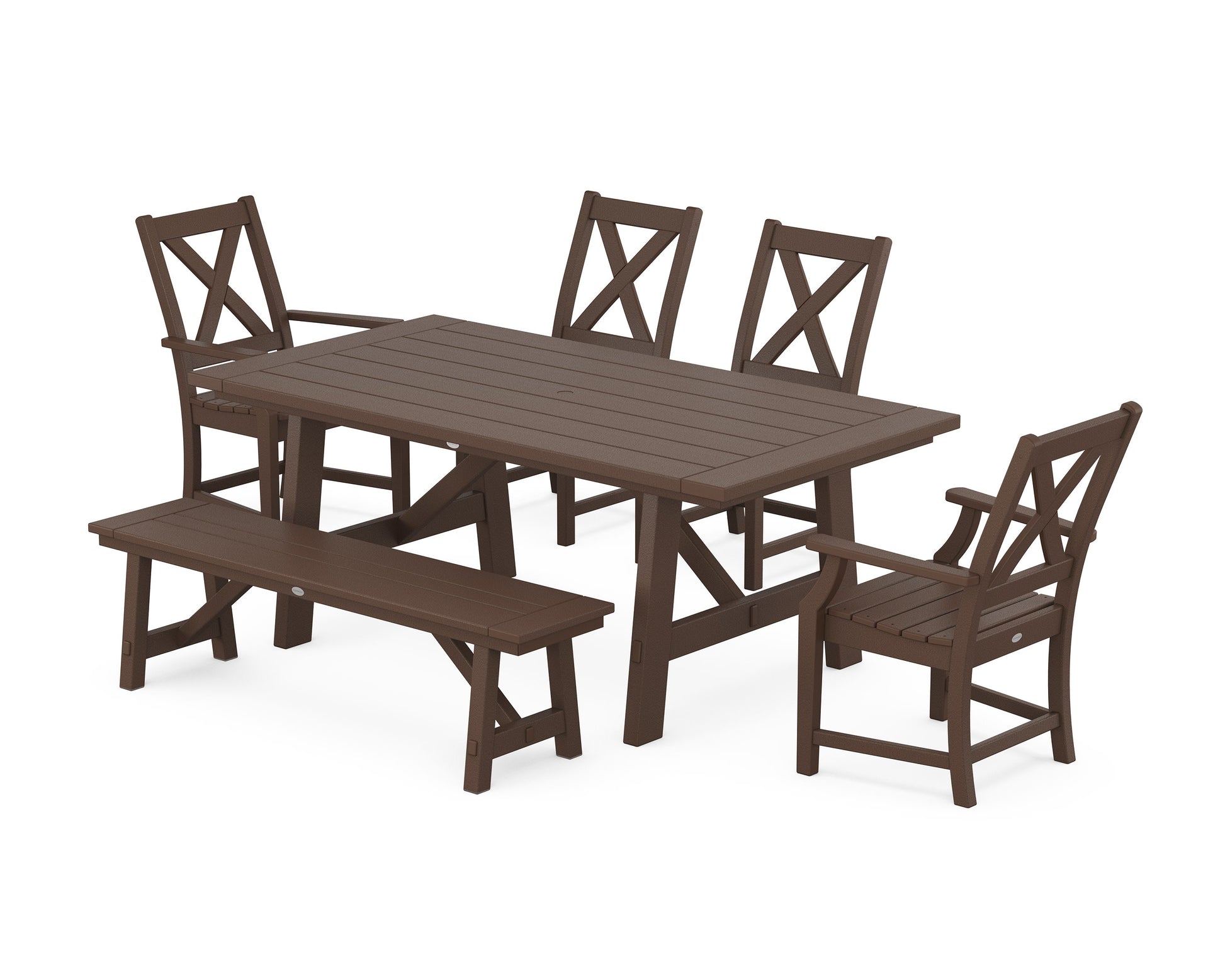 POLYWOOD Braxton 6-Piece Rustic Farmhouse Dining Set With Trestle Legs — Mahogany