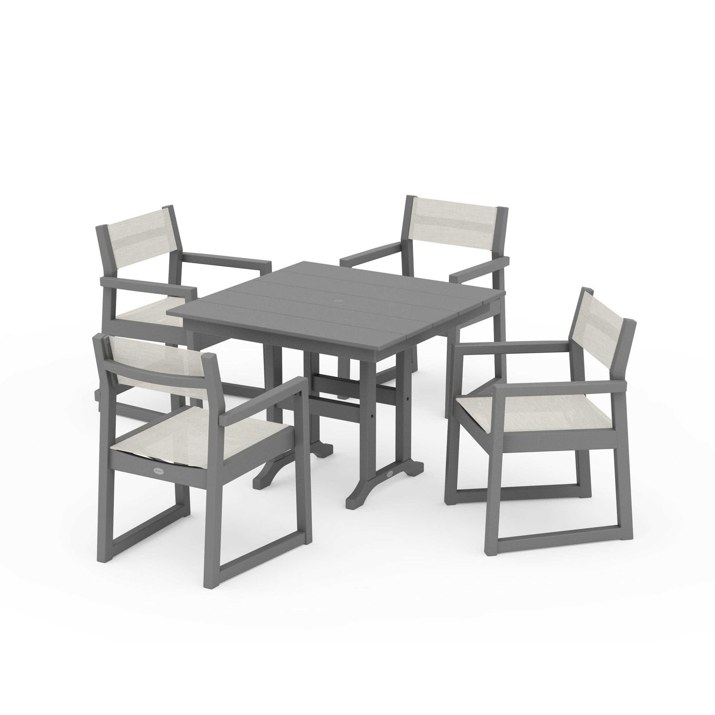 POLYWOOD EDGE Sling Arm Chair 5-Piece Farmhouse Dining Set — Slate Grey / Parchment Sling