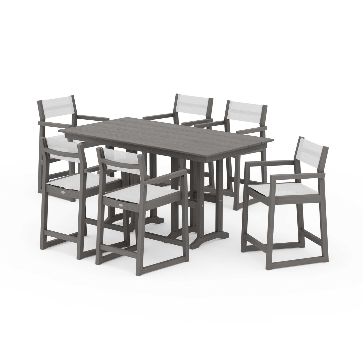 POLYWOOD EDGE Sling Arm Chair 7-Piece Farmhouse Counter Set — Driftwood / White Sling