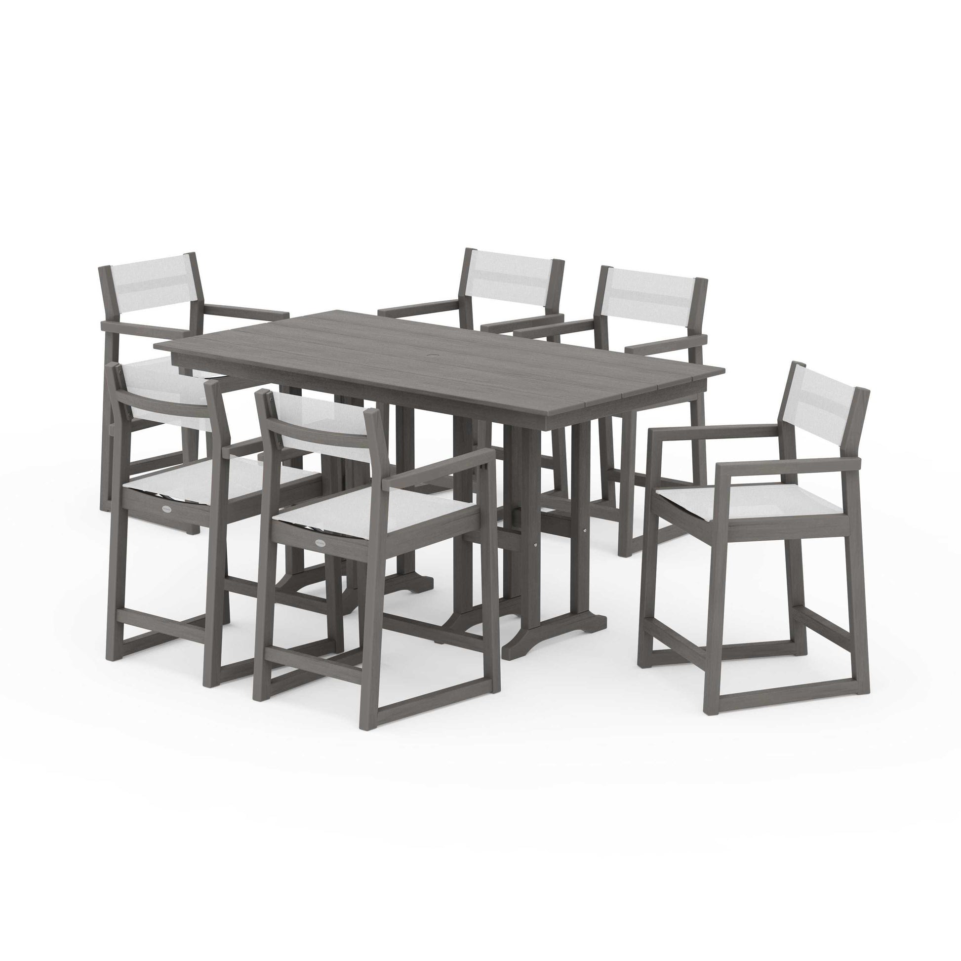 POLYWOOD EDGE Sling Arm Chair 7-Piece Farmhouse Counter Set — Driftwood / White Sling