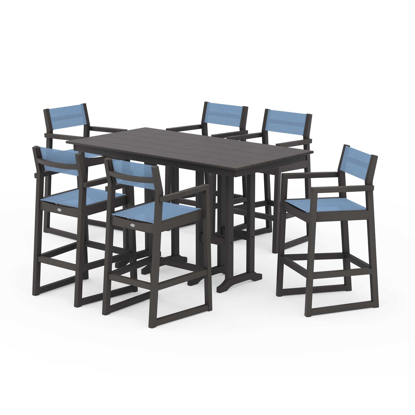 POLYWOOD EDGE Sling Arm Chair 7-Piece Farmhouse Bar Set — Vintage Coffee / Poolside Sling