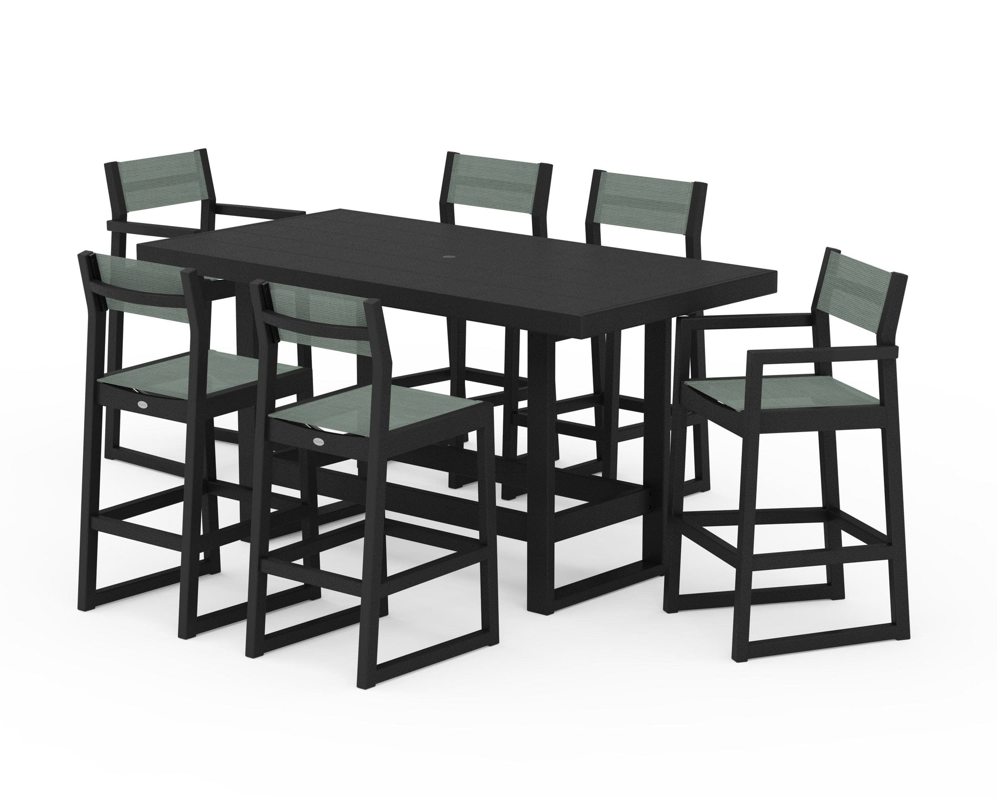 POLYWOOD EDGE Sling 7-Piece Bar Table Set — Black / Dupioni Sea Mist Sling