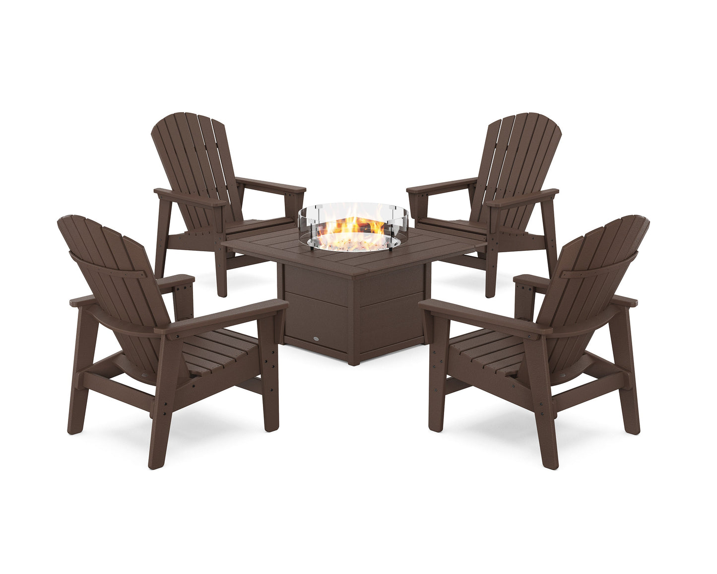 POLYWOOD 5-Piece Nautical Grand Upright Adirondack Conversation Set with Fire Pit Table — Mahogany