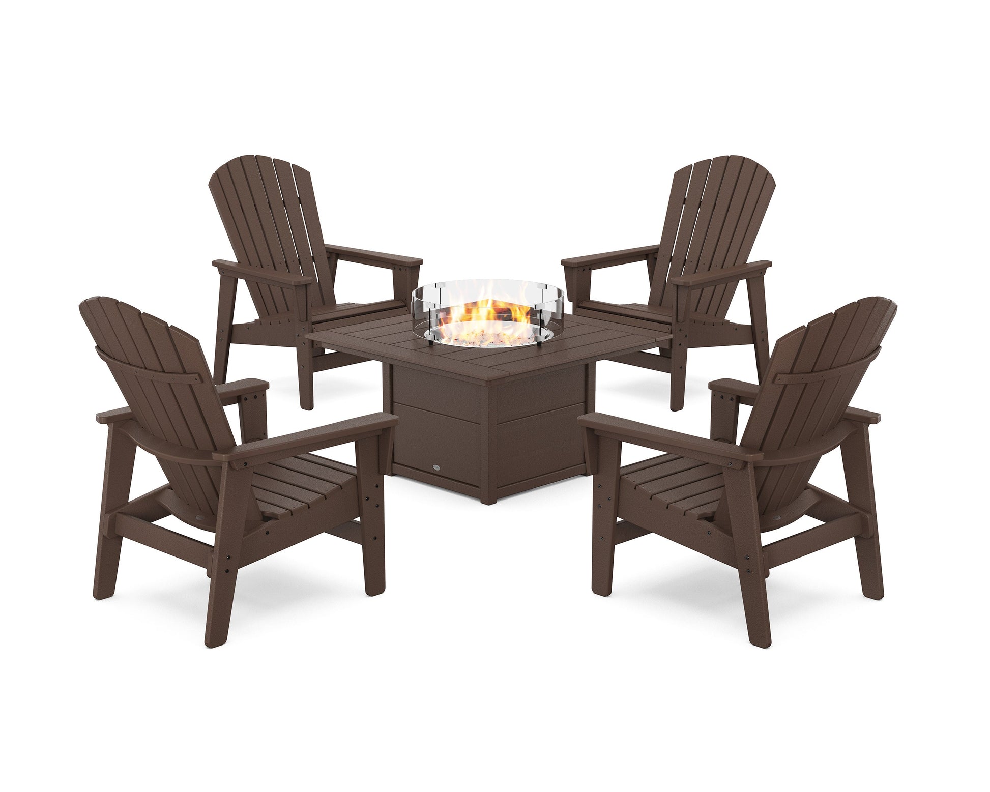 POLYWOOD 5-Piece Nautical Grand Upright Adirondack Conversation Set with Fire Pit Table — Mahogany