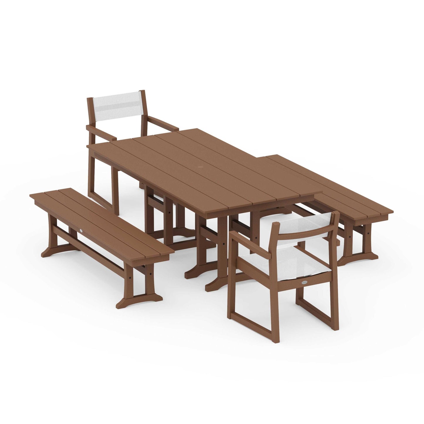 POLYWOOD EDGE Sling Arm Chair 5-Piece Farmhouse Dining Set with Benches — Teak / White Sling