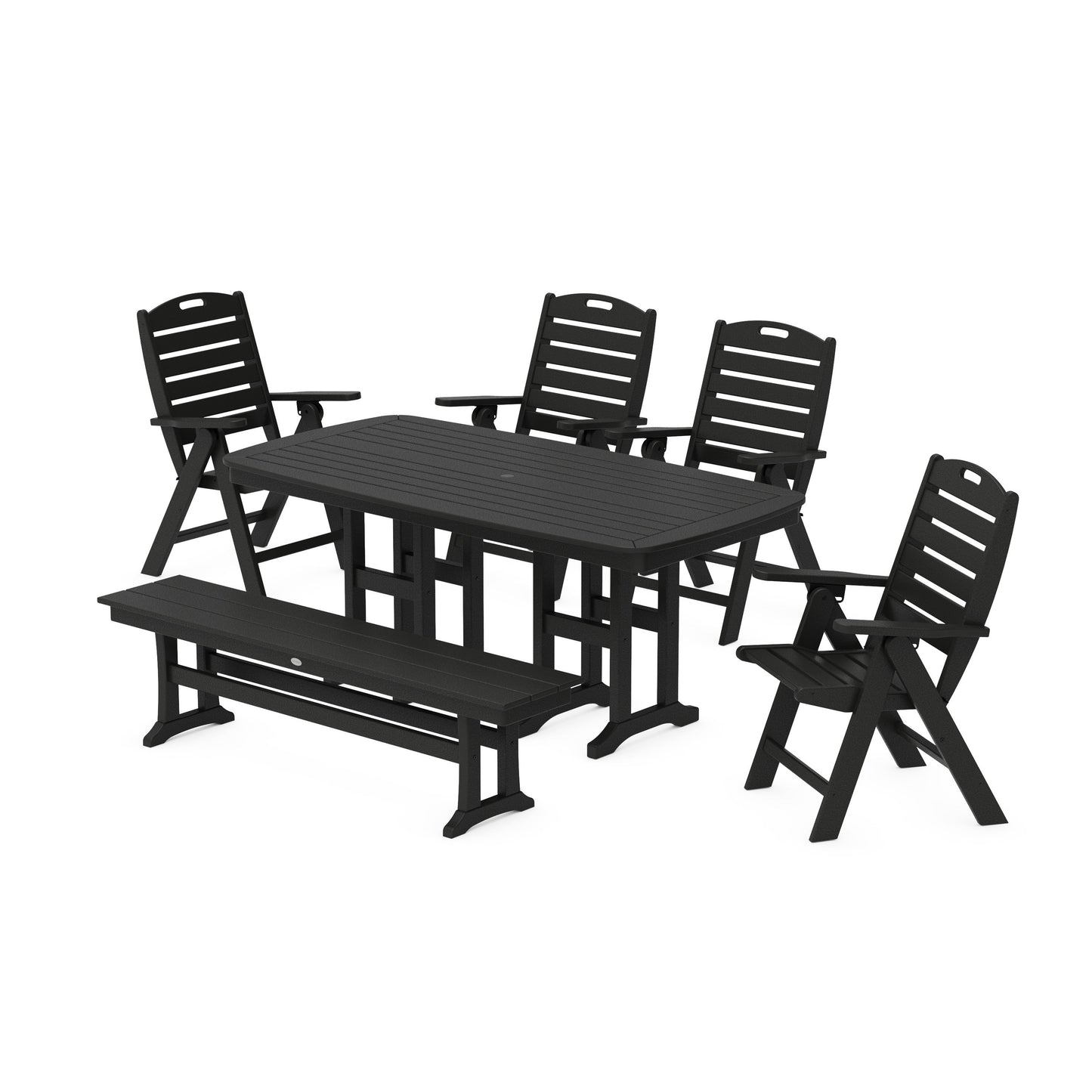 POLYWOOD Nautical Highback 6-Piece Dining Set with Bench — Black