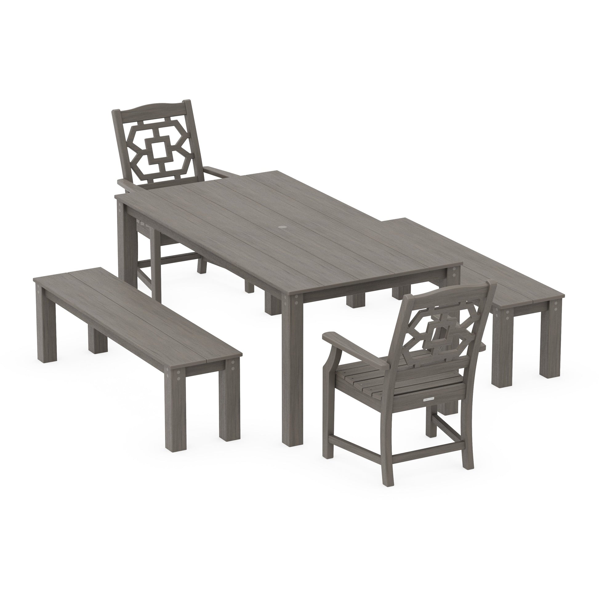 POLYWOOD Chinoiserie 5-Piece Parsons Dining Set with Benches — Driftwood