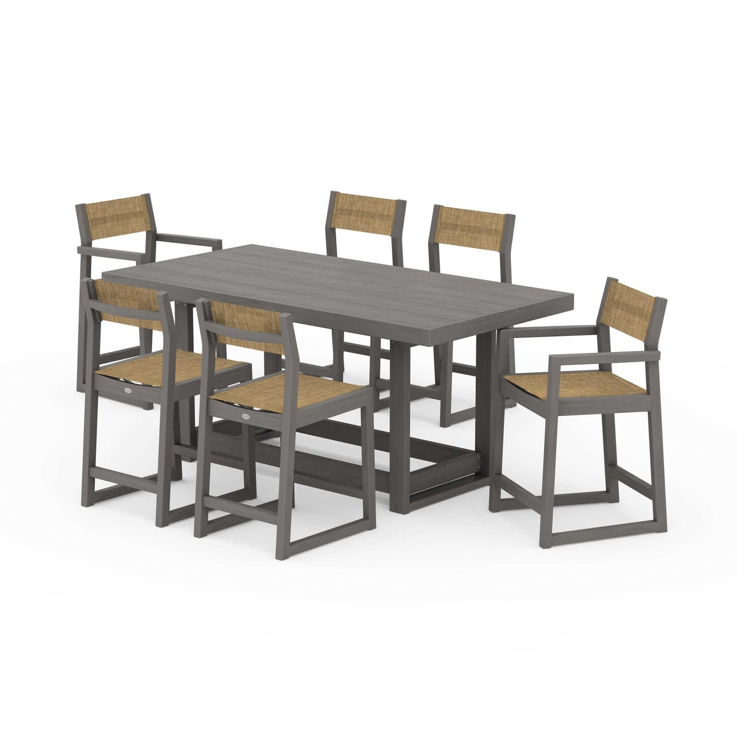 POLYWOOD EDGE Sling 7-Piece Counter Table Set — Driftwood / Burlap Sling