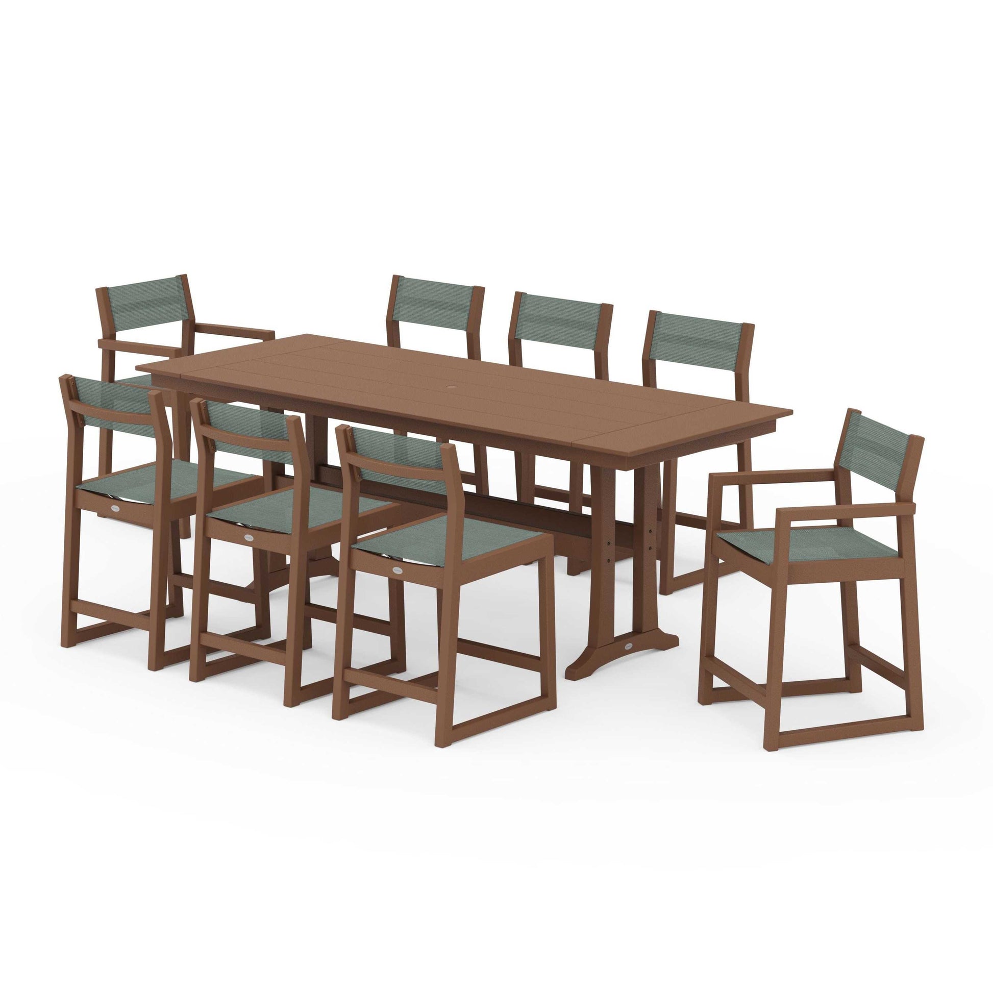 POLYWOOD EDGE Sling 9-Piece Farmhouse Counter Set with Trestle Legs — Teak / Dupioni Sea Mist Sling