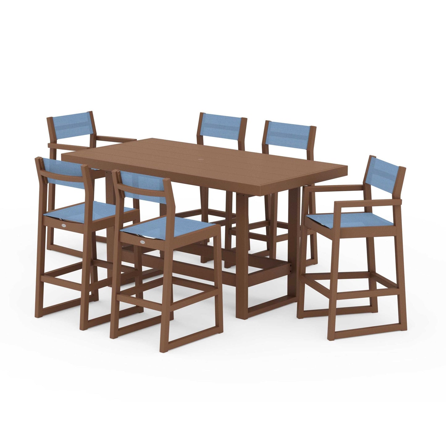 POLYWOOD EDGE Sling 7-Piece Bar Table Set — Teak / Poolside Sling