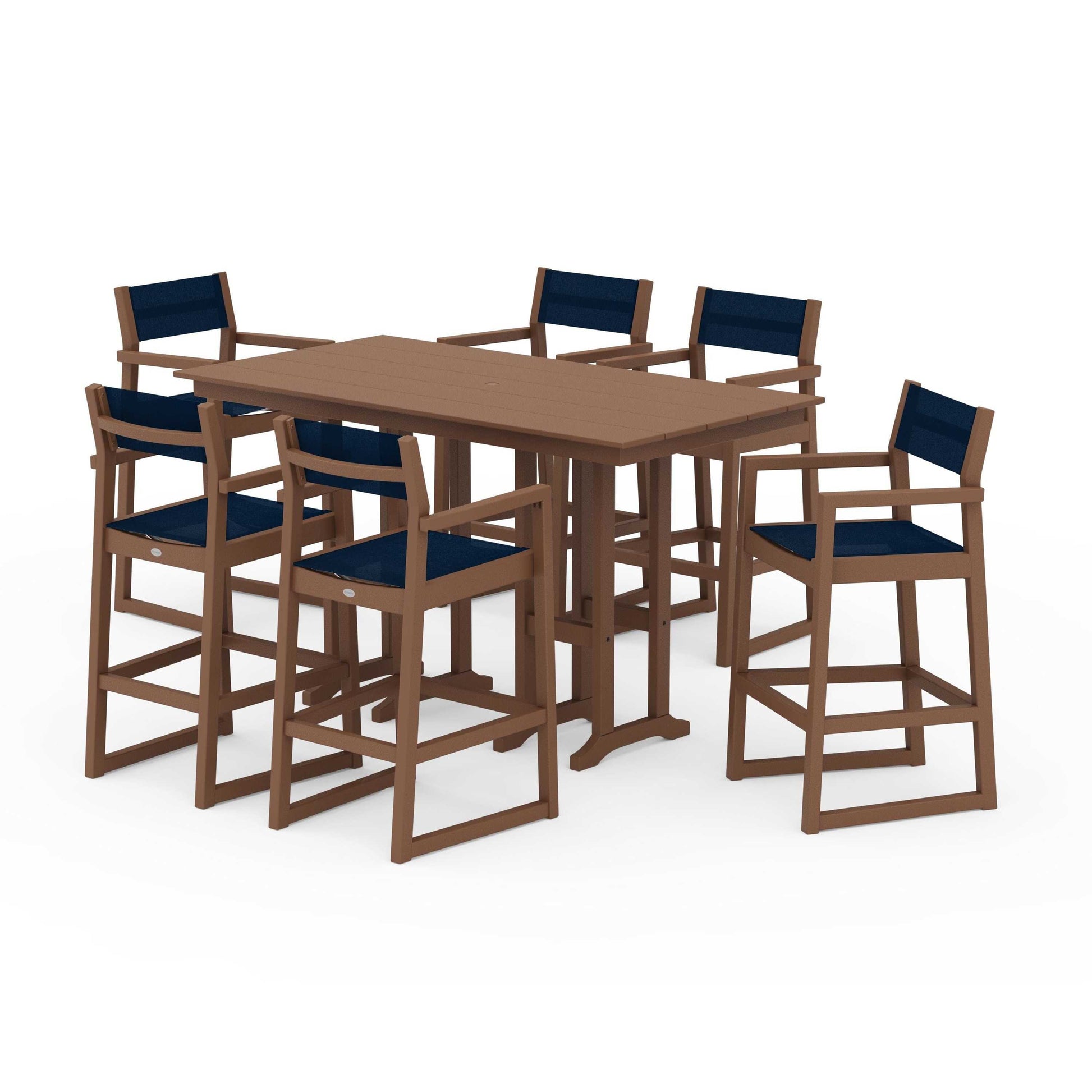 POLYWOOD EDGE Sling Arm Chair 7-Piece Farmhouse Bar Set — Teak / Navy Blue Sling