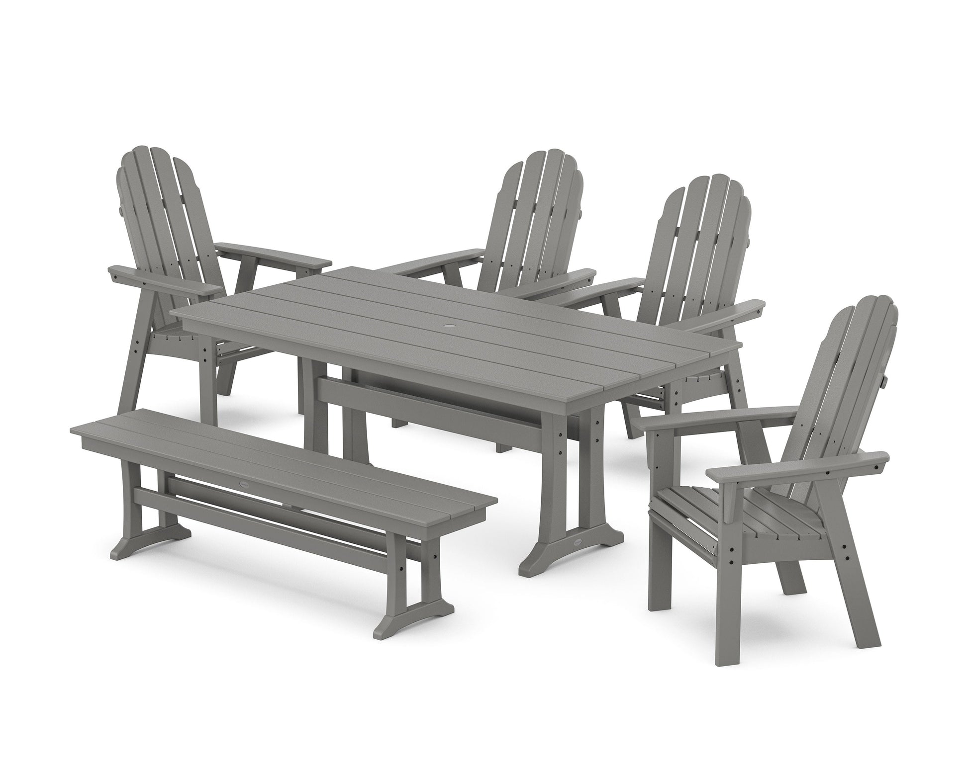POLYWOOD Vineyard Curveback Adirondack Chair 6-Piece Farmhouse Dining Set with Trestle Legs and Bench — Slate Grey