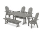 POLYWOOD Vineyard Curveback Adirondack Chair 6-Piece Farmhouse Dining Set with Trestle Legs and Bench — Slate Grey