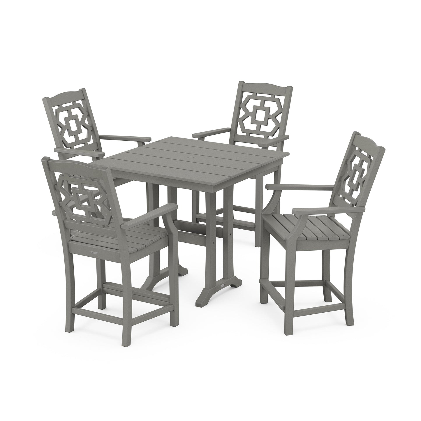 POLYWOOD Chinoiserie 5-Piece Farmhouse Counter Set with Trestle Legs — Slate Grey