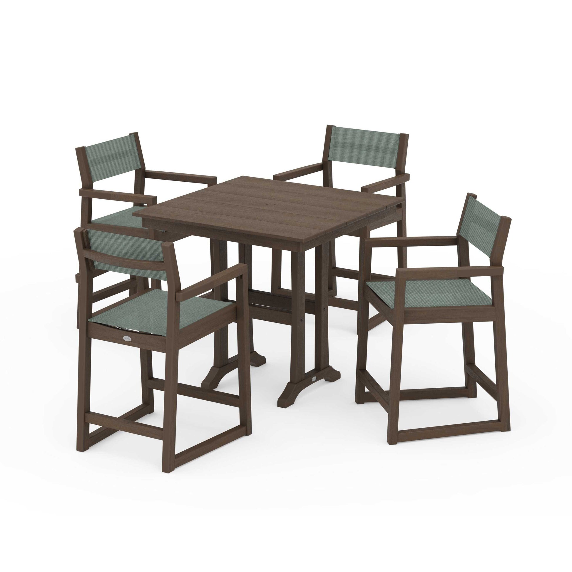 POLYWOOD EDGE Sling Arm Chair 5-Piece Farmhouse Counter Set with Trestle Legs — Kona / Dupioni Sea Mist Sling