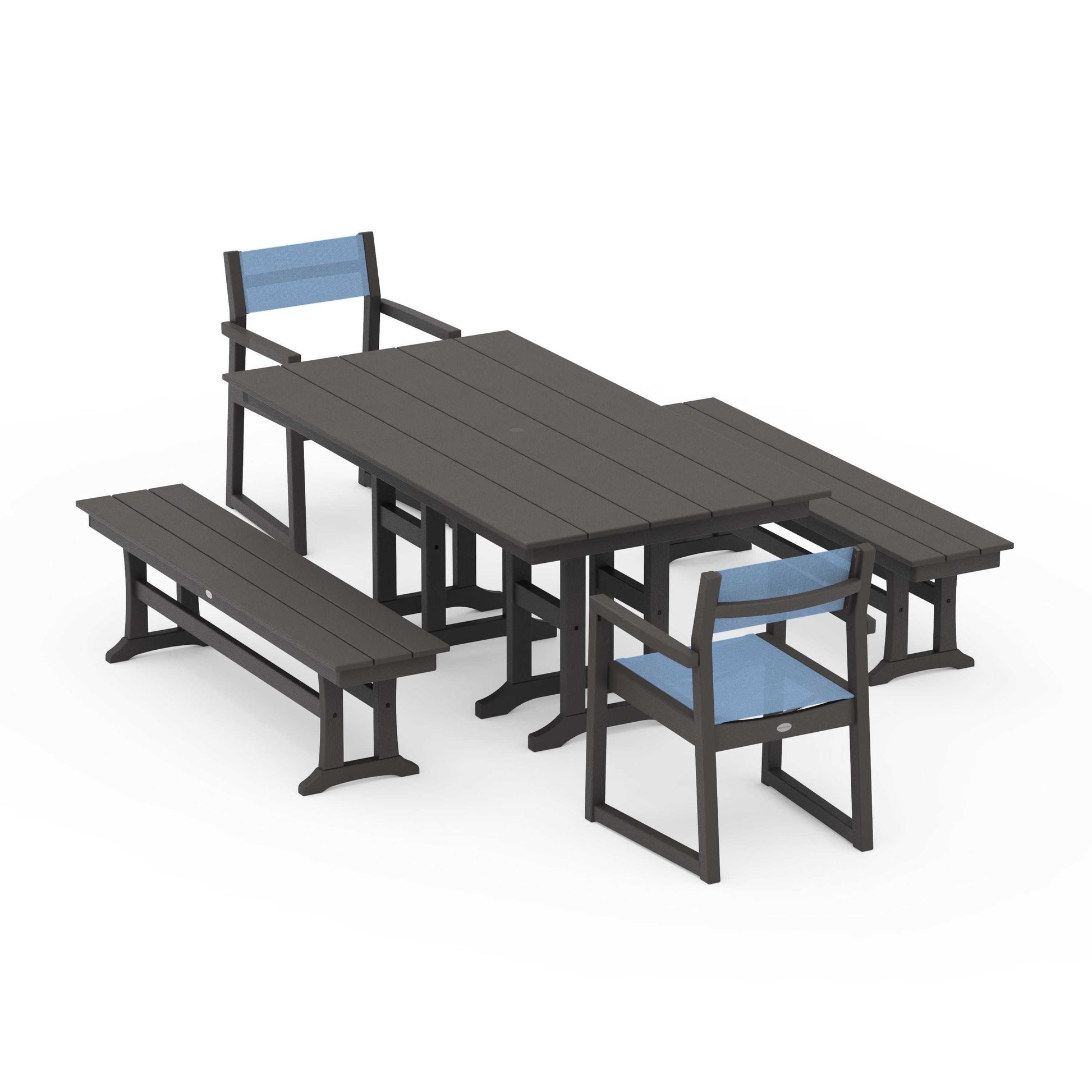 POLYWOOD EDGE Sling Arm Chair 5-Piece Farmhouse Dining Set with Benches — Vintage Coffee / Poolside Sling