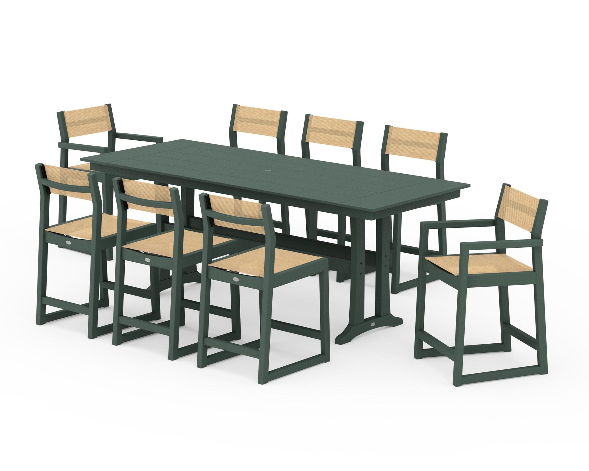 POLYWOOD EDGE Sling 9-Piece Farmhouse Counter Set with Trestle Legs — Green / Dupioni Apricot Sling