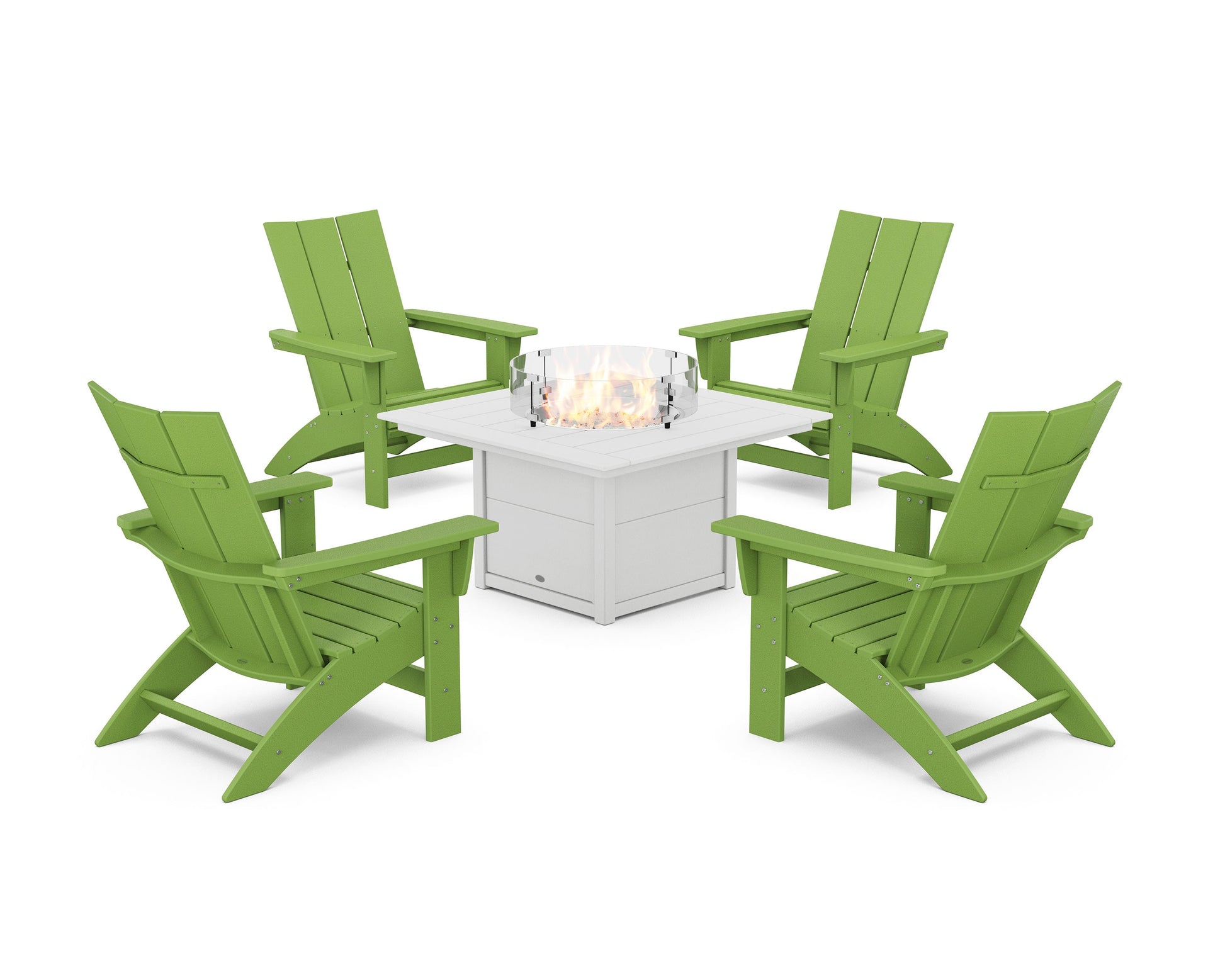 POLYWOOD 5-Piece Modern Grand Adirondack Conversation Set with Fire Pit Table — Lime / White