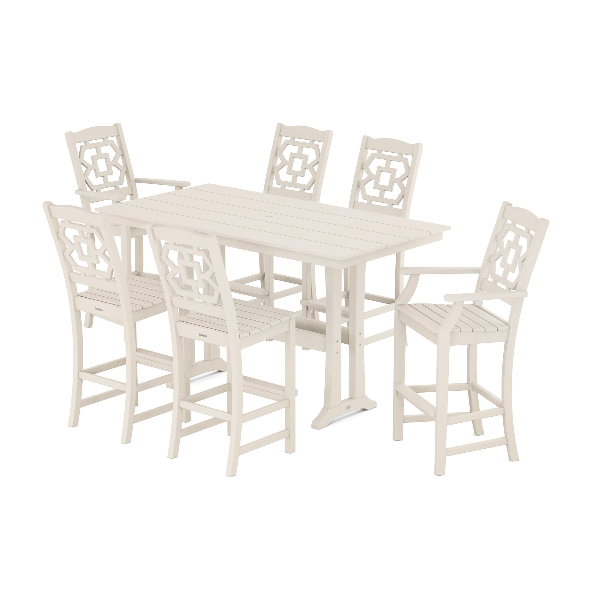 POLYWOOD Chinoiserie 7-Piece Farmhouse Bar Set with Trestle Legs — Sand