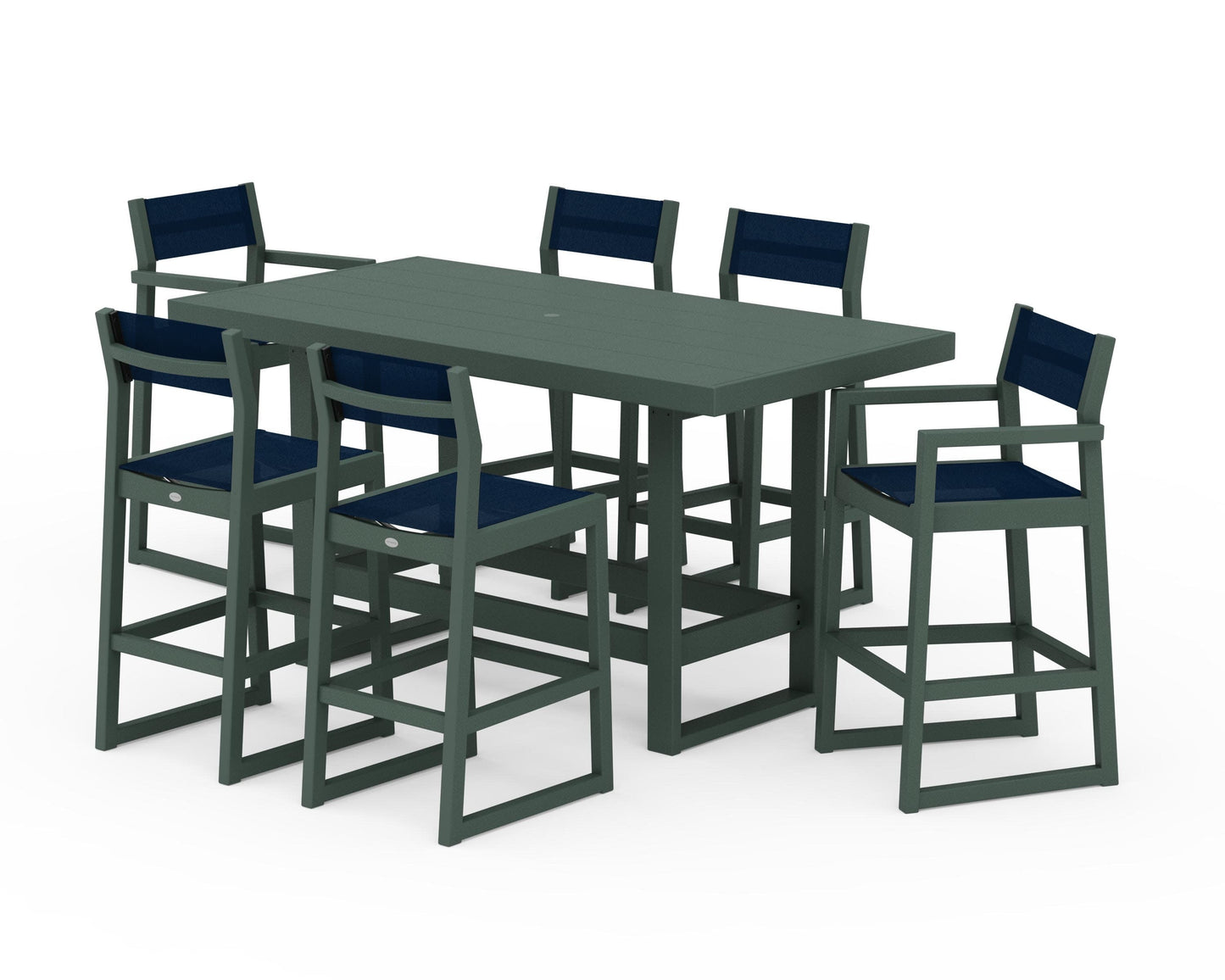 POLYWOOD EDGE Sling 7-Piece Bar Table Set — Green / Navy Blue Sling