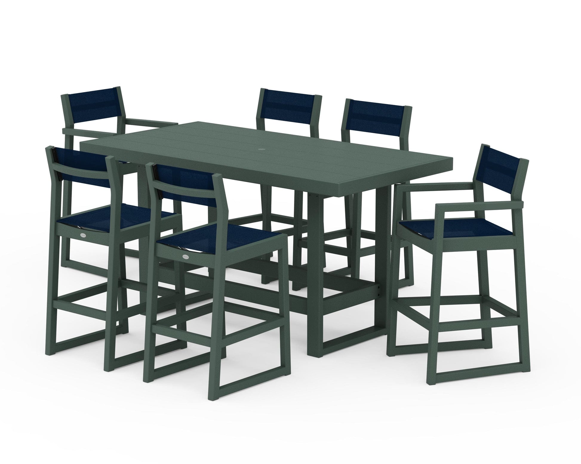 POLYWOOD EDGE Sling 7-Piece Bar Table Set — Green / Navy Blue Sling