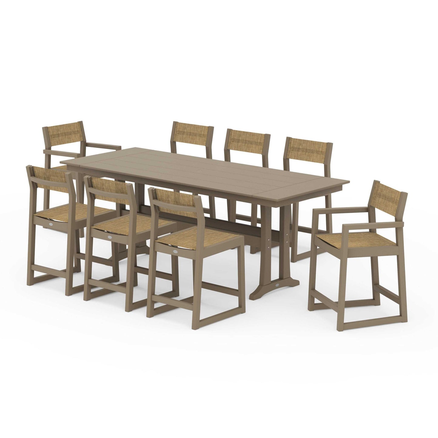 POLYWOOD EDGE Sling 9-Piece Farmhouse Counter Set with Trestle Legs — Vintage Sahara / Burlap Sling