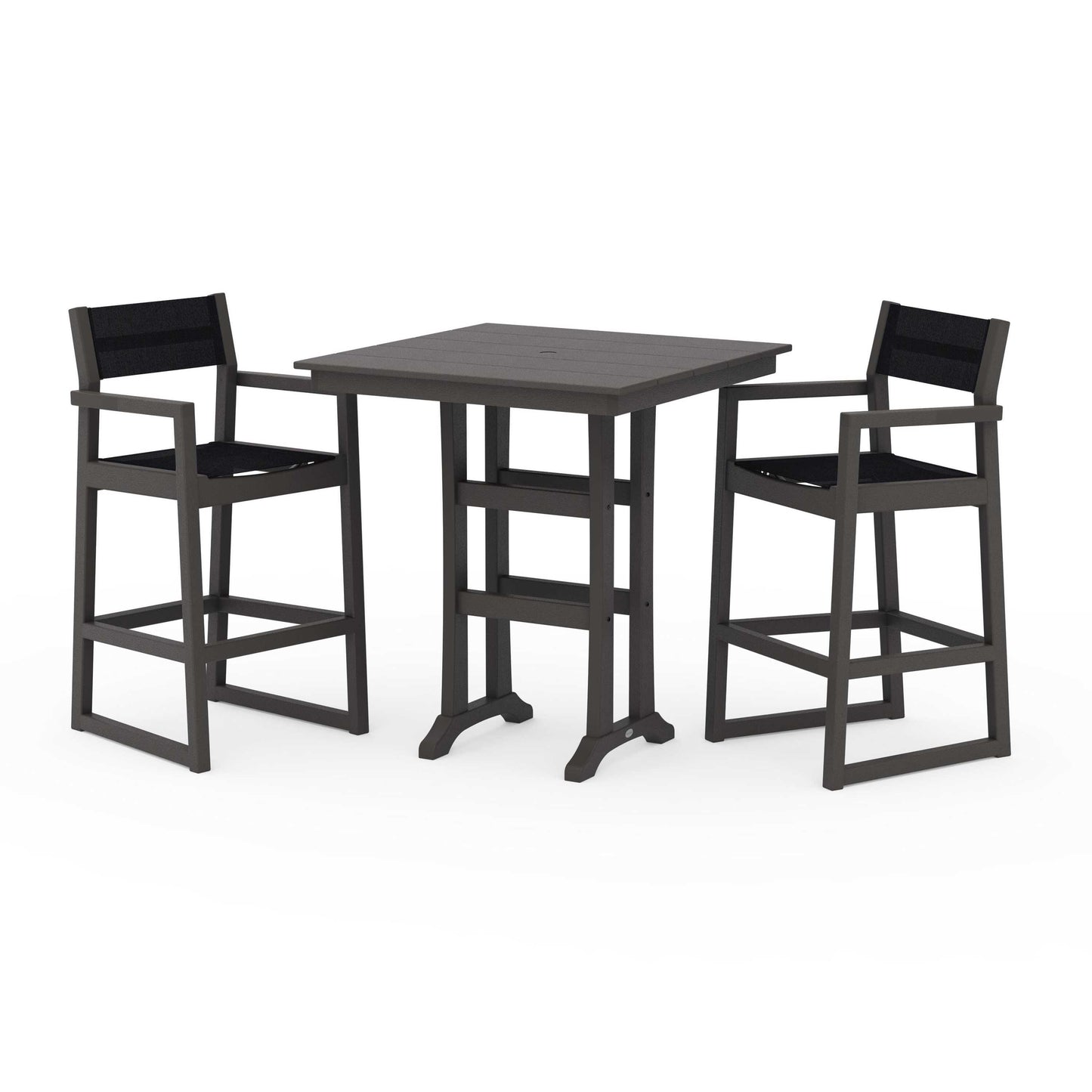 POLYWOOD EDGE Sling Arm Chair 3-Piece Farmhouse Bar Set with Trestle Legs — Vintage Coffee / Black Sling