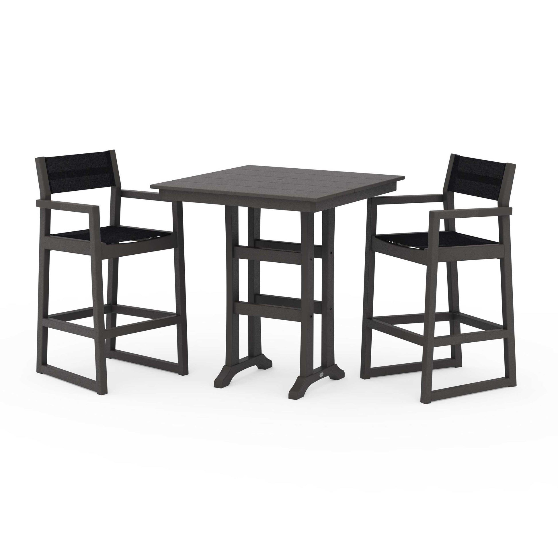 POLYWOOD EDGE Sling Arm Chair 3-Piece Farmhouse Bar Set with Trestle Legs — Vintage Coffee / Black Sling