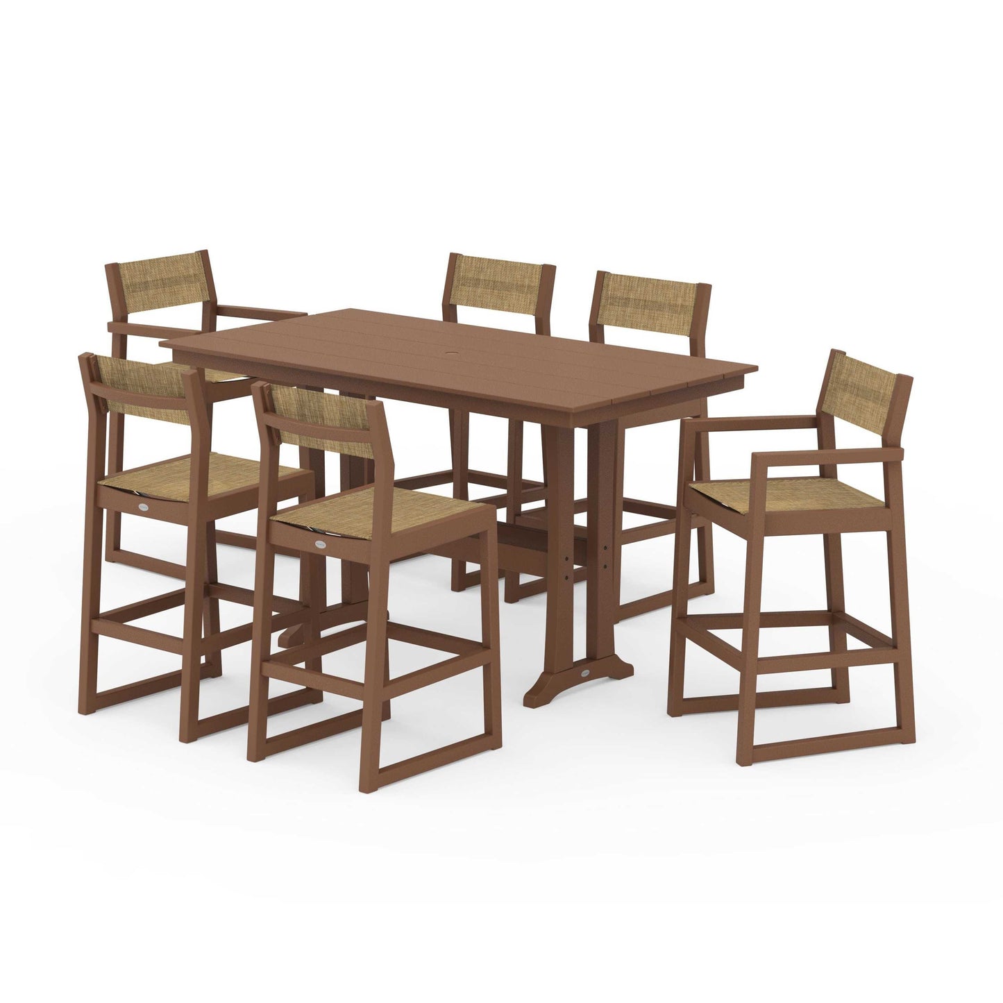 POLYWOOD EDGE Sling 7-Piece Farmhouse Bar Set with Trestle Legs — Teak / Burlap Sling