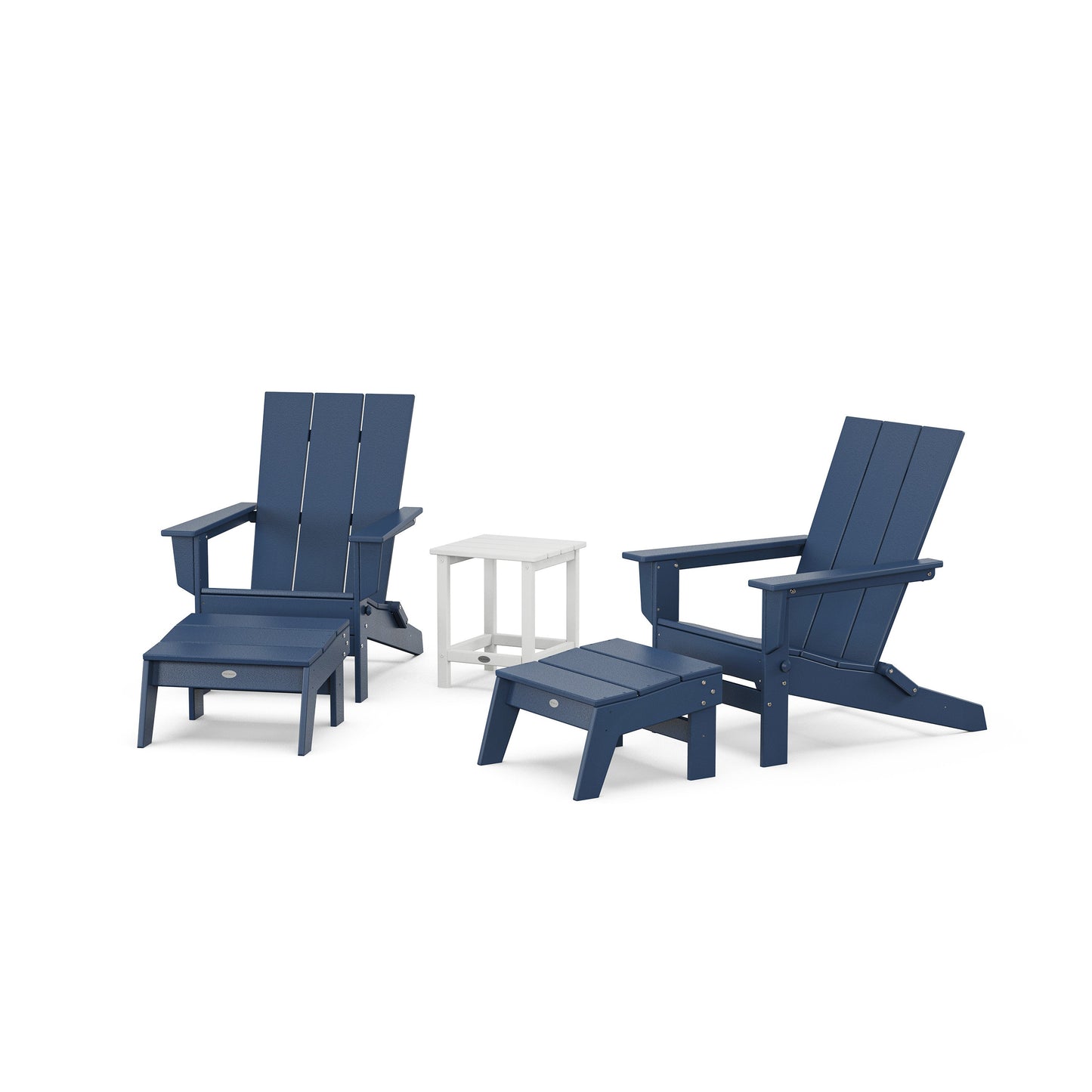 POLYWOOD 5-Piece Modern Studio Folding Adirondack Set with Ottomans and Side Table — Navy / White