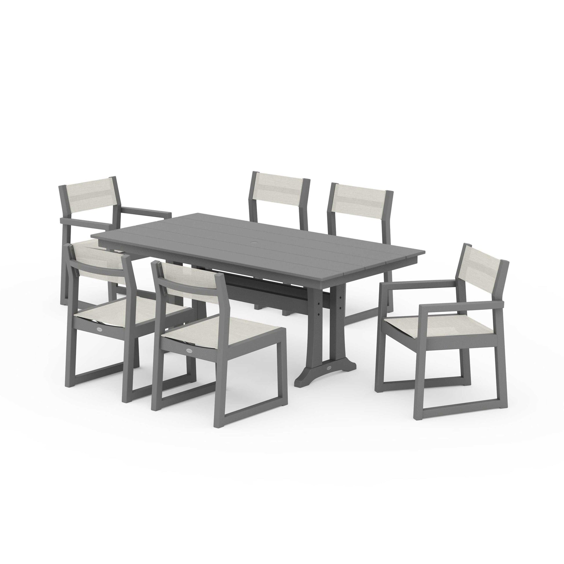 POLYWOOD EDGE Sling 7-Piece Farmhouse Trestle Dining Set — Slate Grey / Parchment Sling