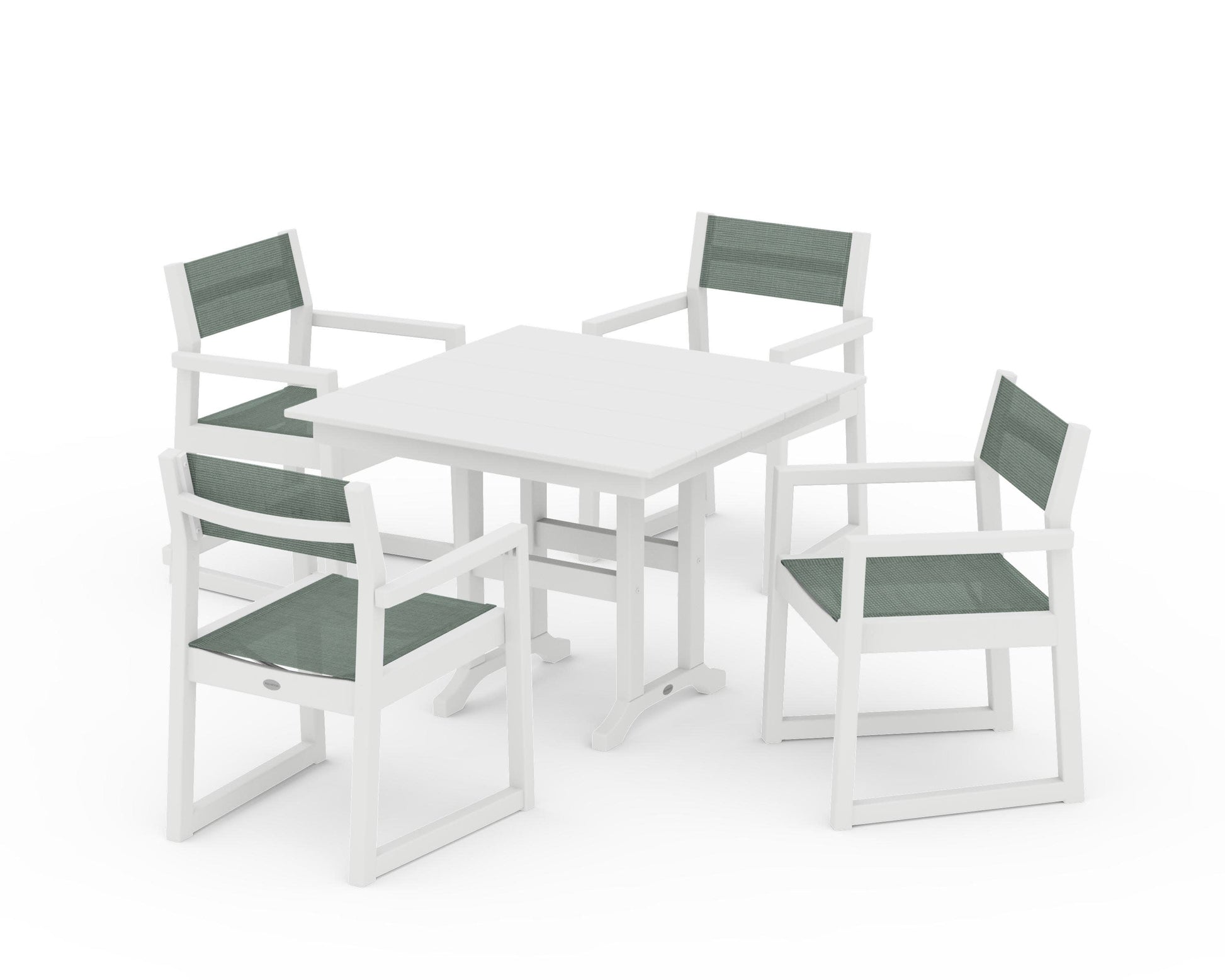 POLYWOOD EDGE Sling Arm Chair 5-Piece Farmhouse Dining Set — White / Dupioni Sea Mist Sling