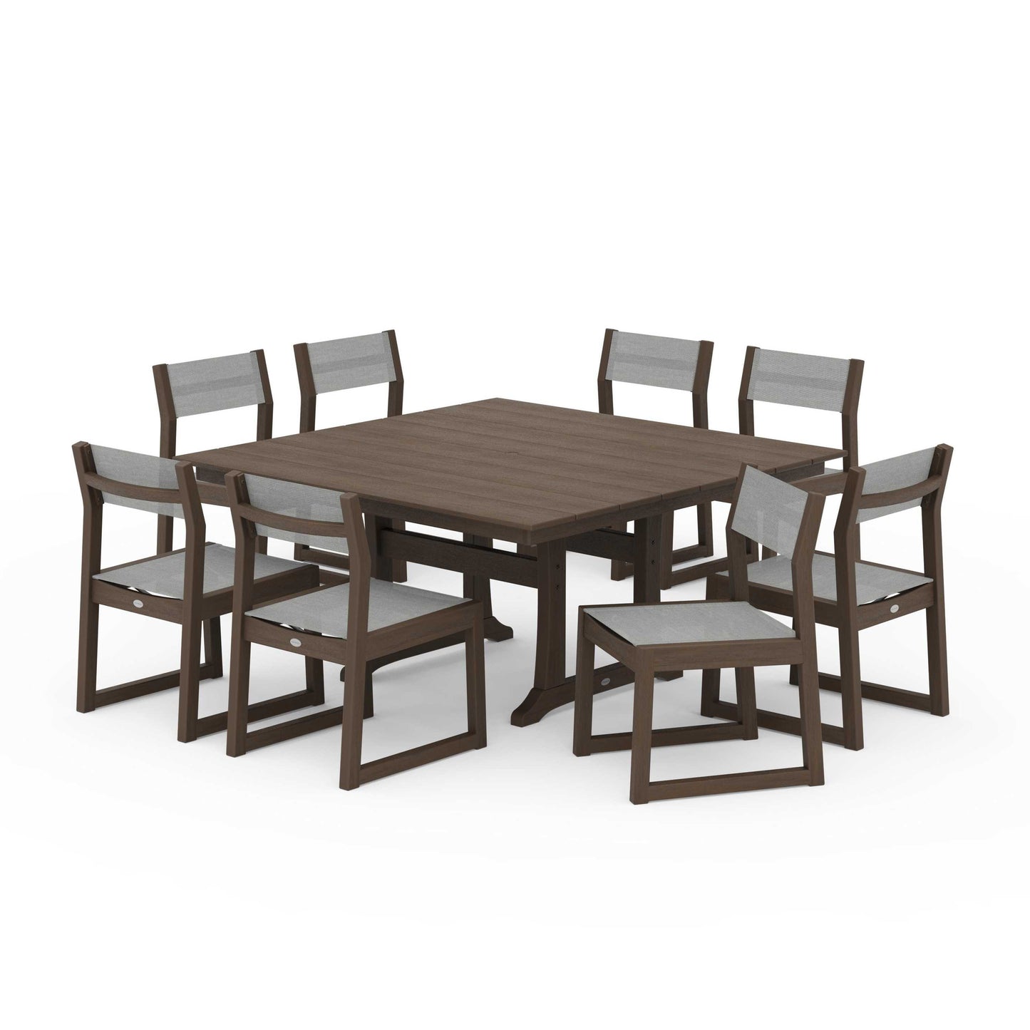 POLYWOOD EDGE Sling Side Chair 9-Piece Farmhouse Trestle Dining Set — Kona / Metallic Sling