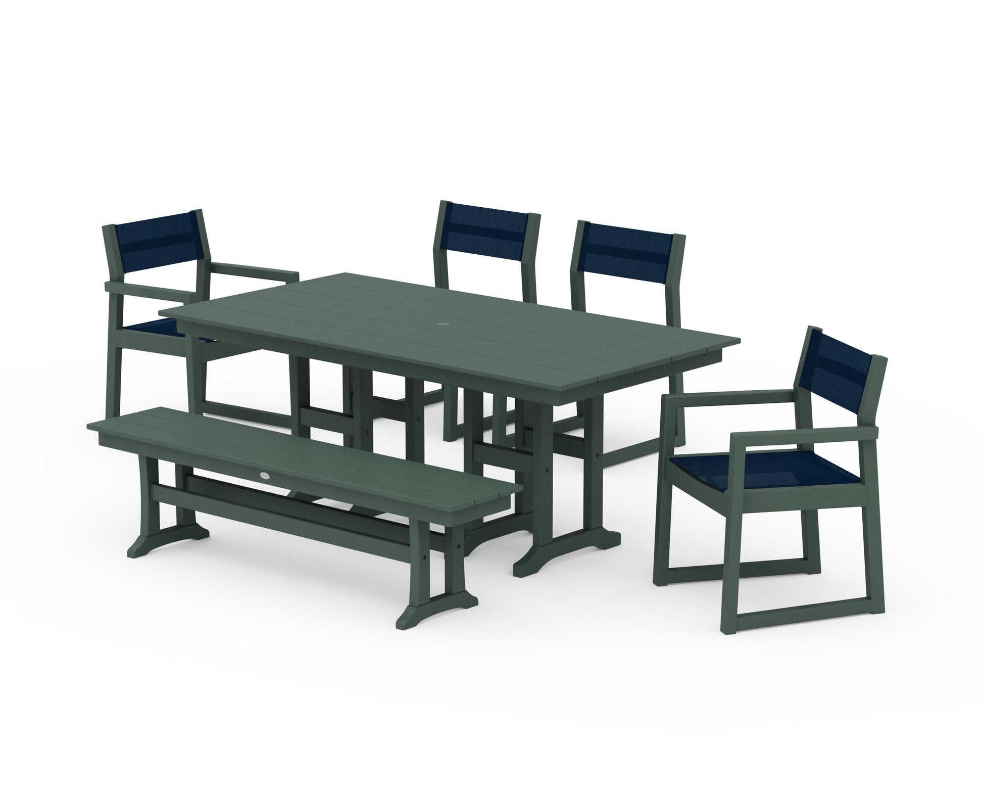 POLYWOOD EDGE Sling 6-Piece Farmhouse Dining Set — Green / Navy Blue Sling