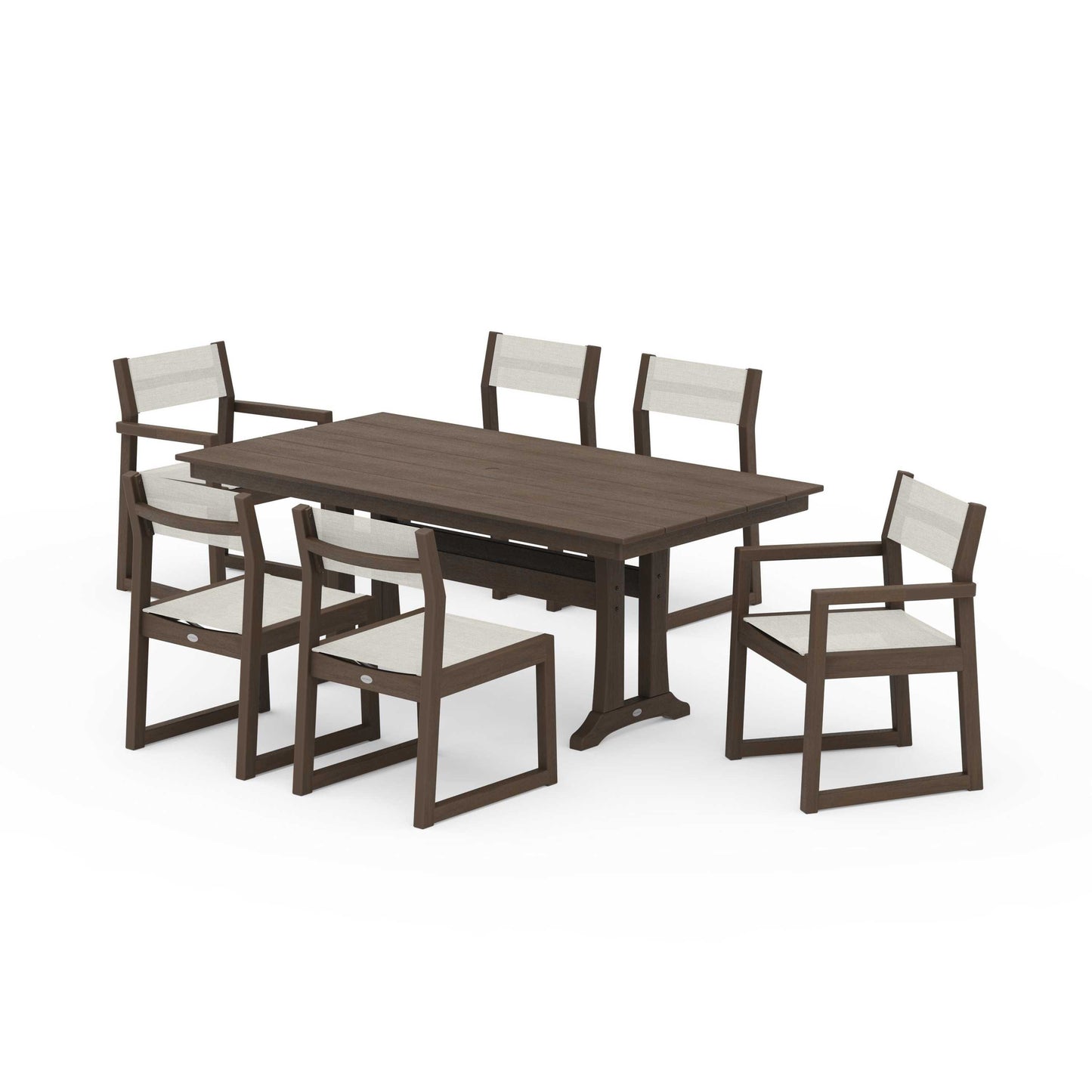 POLYWOOD EDGE Sling 7-Piece Farmhouse Trestle Dining Set — Kona / Parchment Sling