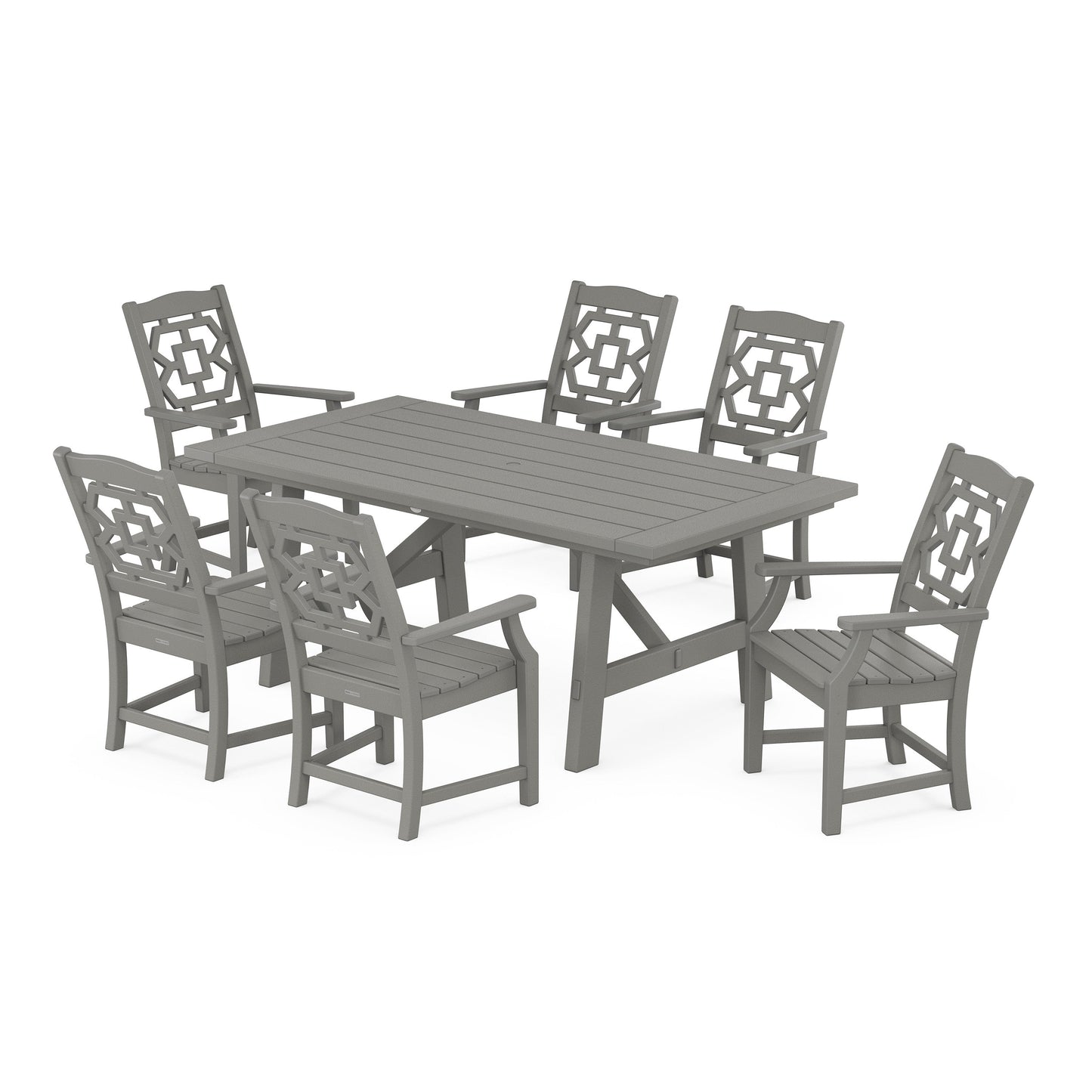 POLYWOOD Chinoiserie Arm Chair 7-Piece Rustic Farmhouse Dining Set — Slate Grey