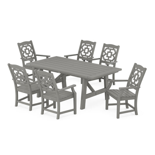 POLYWOOD Chinoiserie Arm Chair 7-Piece Rustic Farmhouse Dining Set — Slate Grey