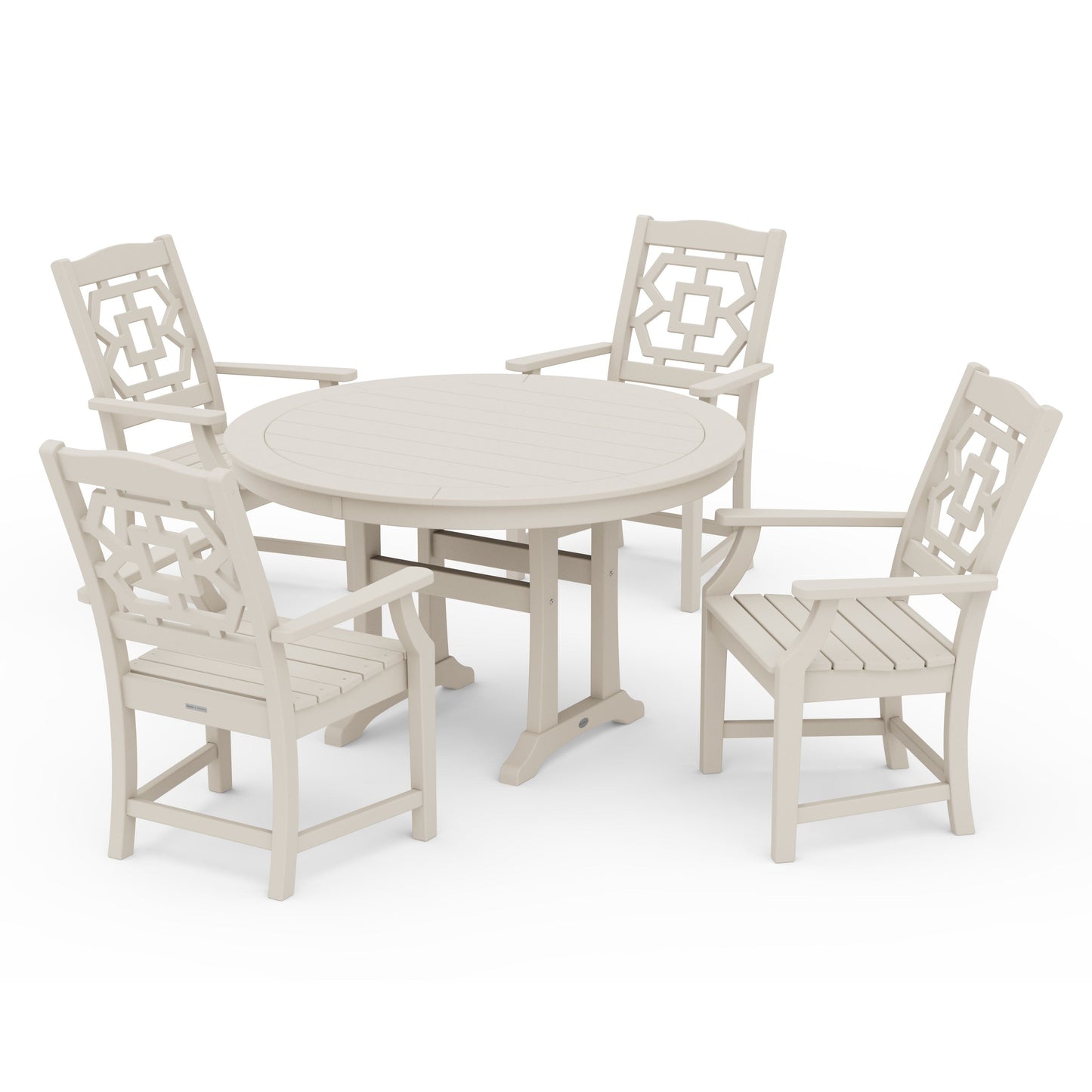 POLYWOOD Chinoiserie 5-Piece Round Dining Set with Trestle Legs — Sand