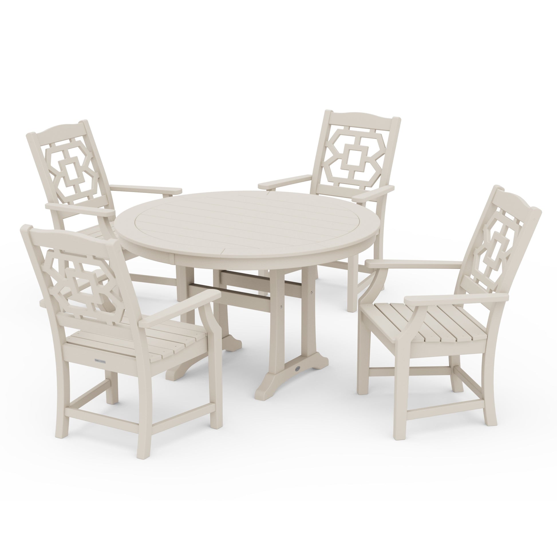 POLYWOOD Chinoiserie 5-Piece Round Dining Set with Trestle Legs — Sand