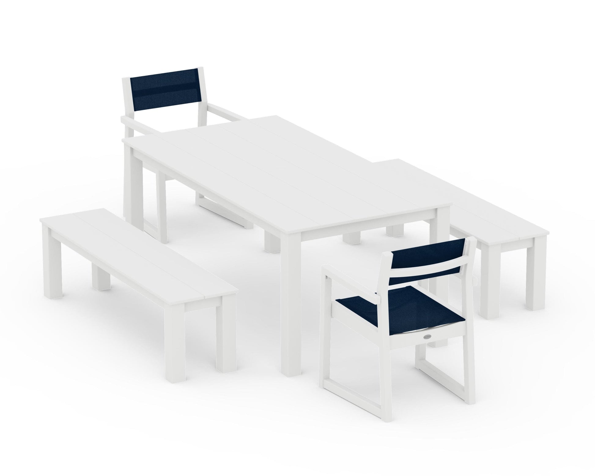 POLYWOOD EDGE Sling Arm Chair 5-Piece Parsons Dining Set with Benches — White / Navy Blue Sling