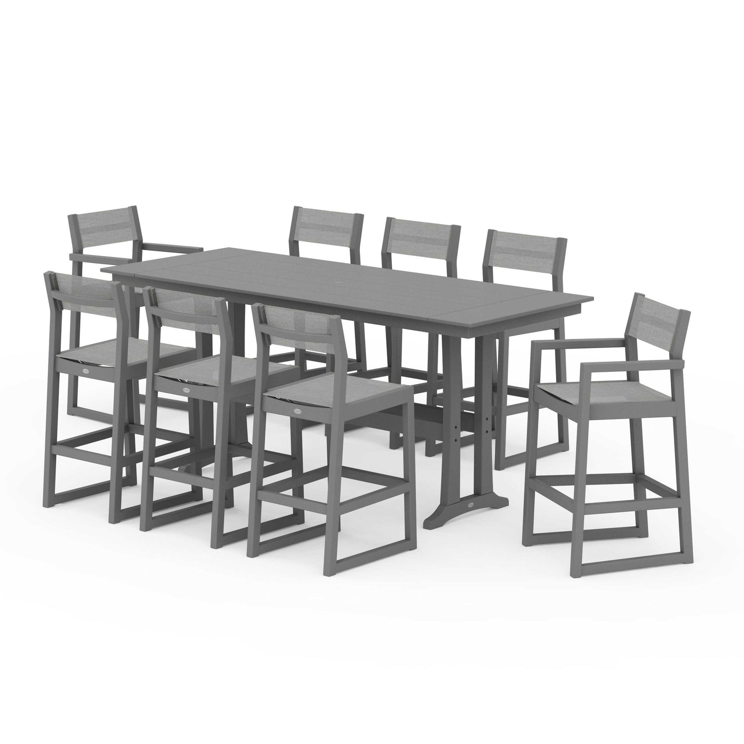 POLYWOOD EDGE Sling 9-Piece Farmhouse Bar Set with Trestle Legs — Slate Grey / Metallic Sling