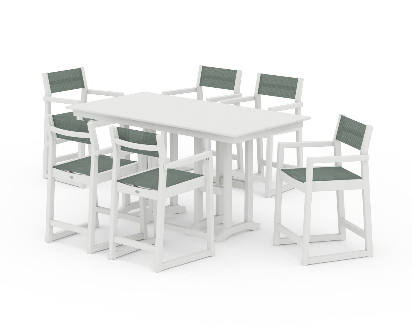 POLYWOOD EDGE Sling Arm Chair 7-Piece Farmhouse Counter Set — Vintage White / Dupioni Sea Mist Sling