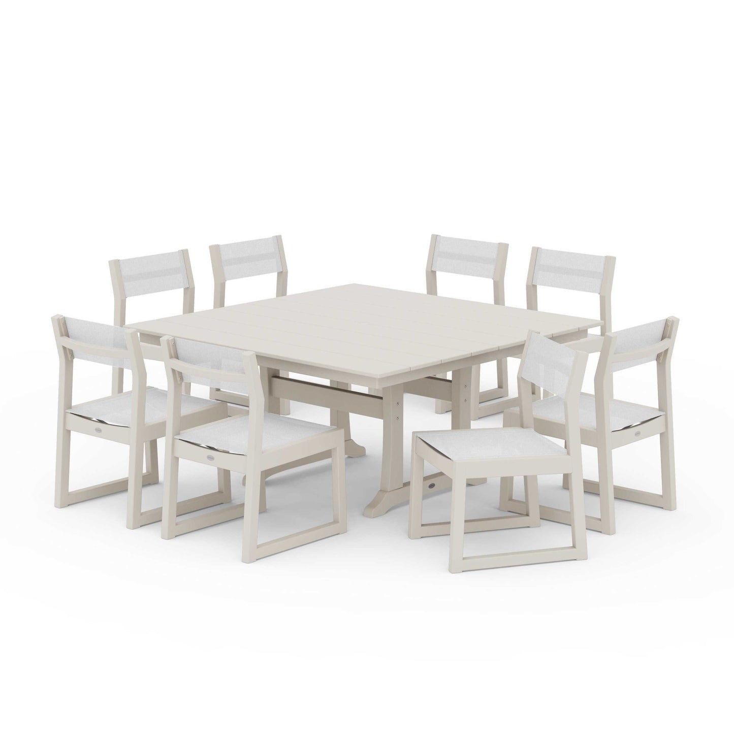POLYWOOD EDGE Sling Side Chair 9-Piece Farmhouse Trestle Dining Set — Sand / White Sling
