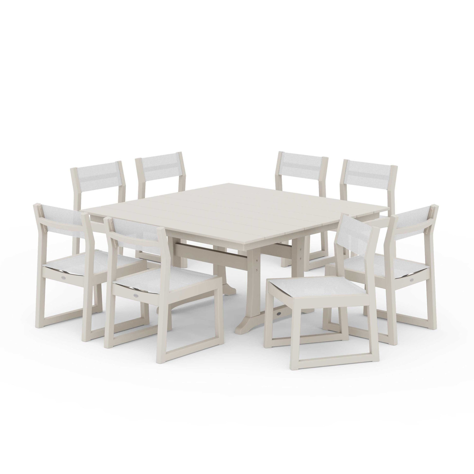 POLYWOOD EDGE Sling Side Chair 9-Piece Farmhouse Trestle Dining Set — Sand / White Sling