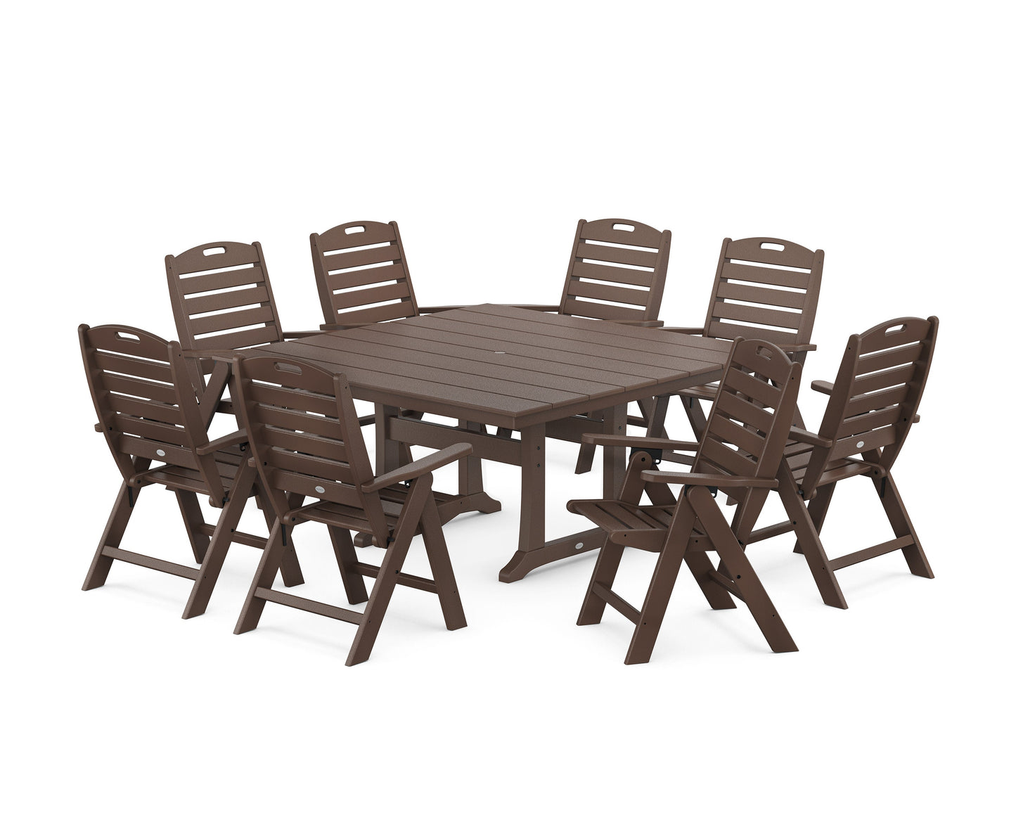 POLYWOOD Nautical Highback 9-Piece Square Farmhouse Dining Set with Trestle Legs — Mahogany
