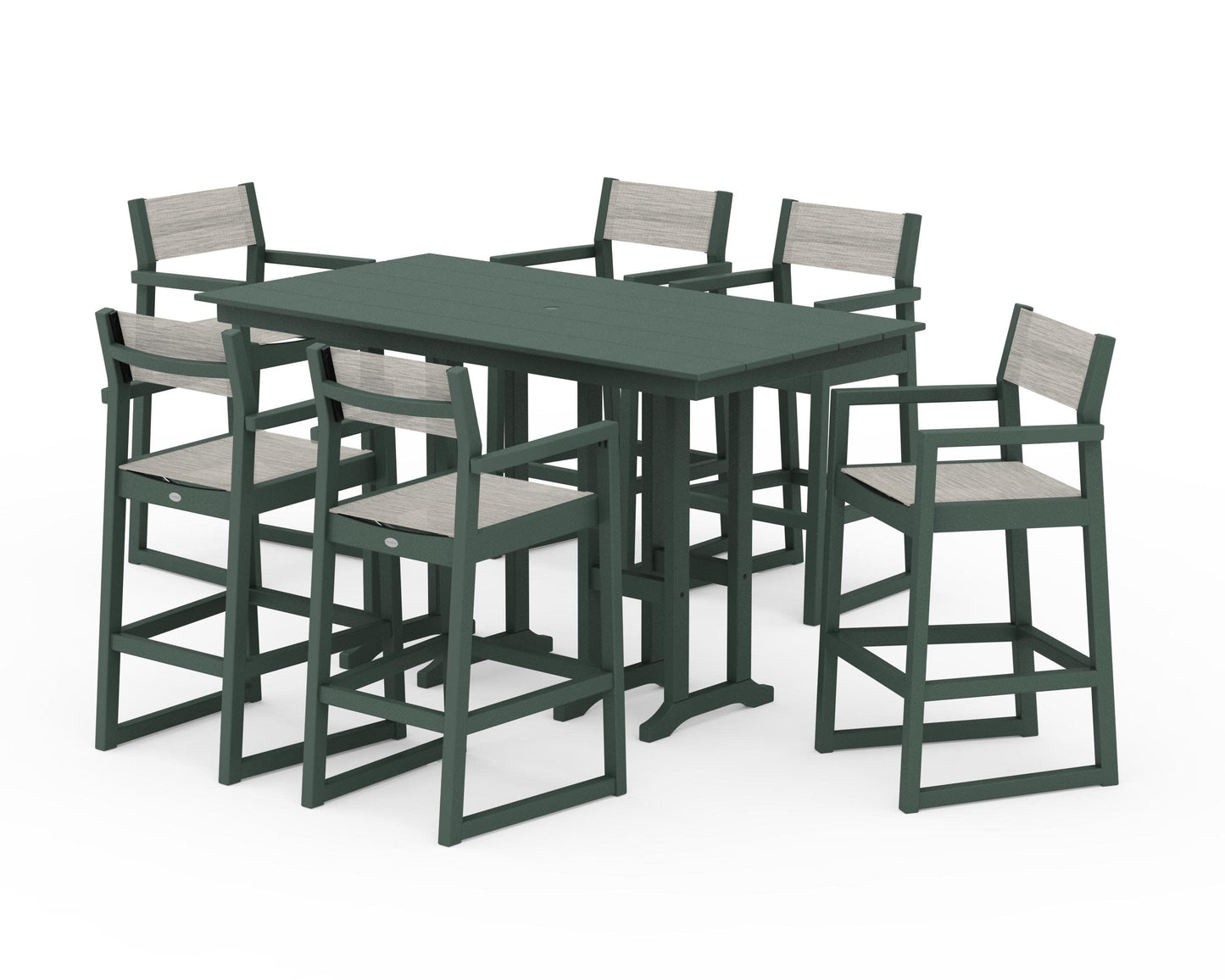 POLYWOOD EDGE Sling Arm Chair 7-Piece Farmhouse Bar Set — Green / Birch Sling