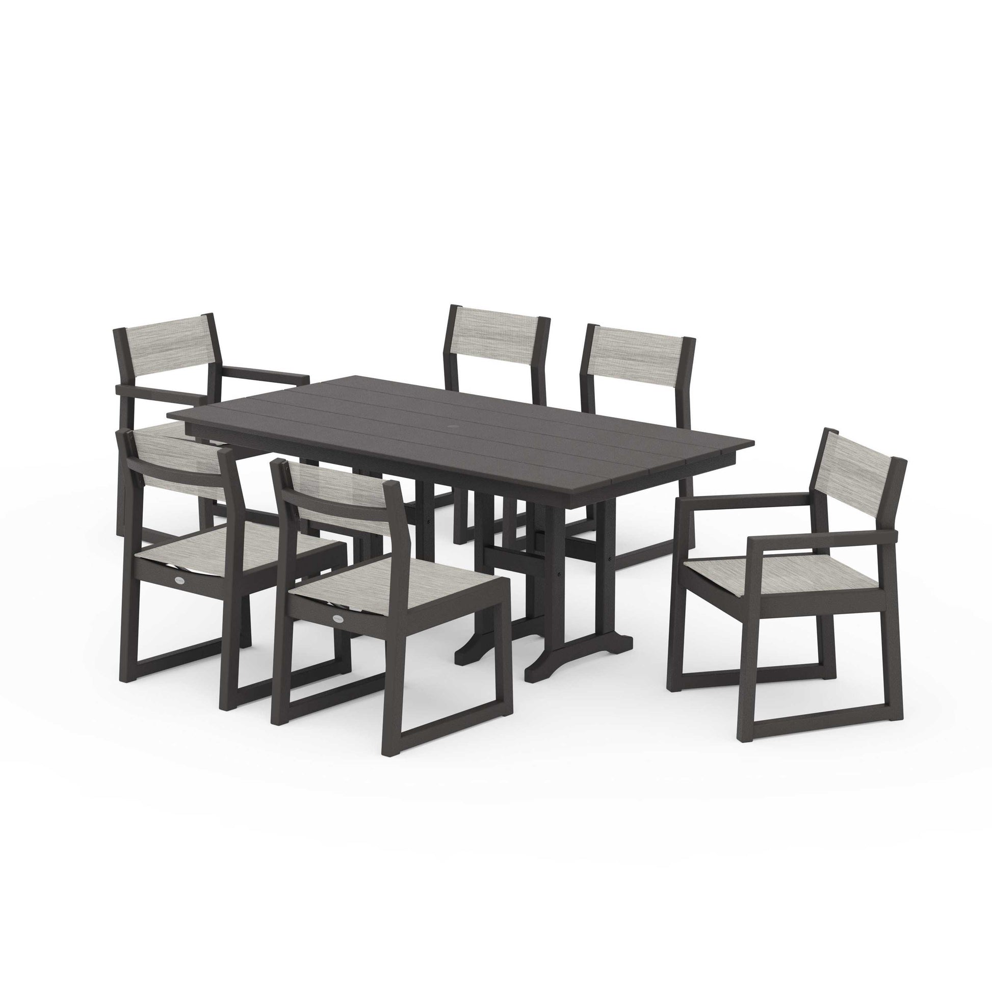 POLYWOOD EDGE Sling 7-Piece Farmhouse Dining Set — Vintage Coffee / Birch Sling